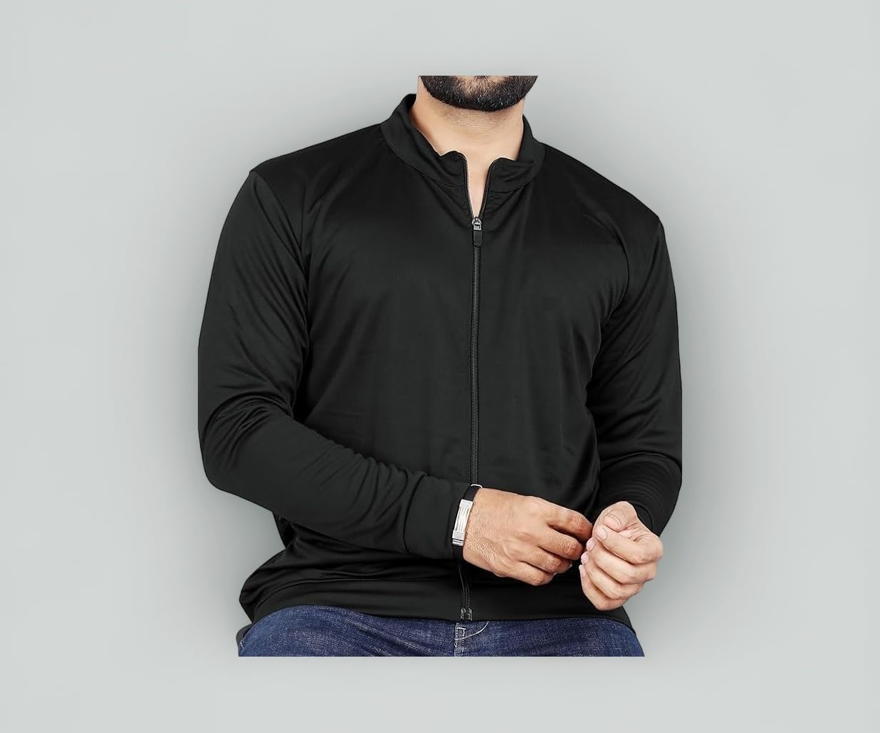 Men Solid Polyester Sports Jacket Long Sleeves Full Zip with Pocket Gym, Running & Travel Upper Wear