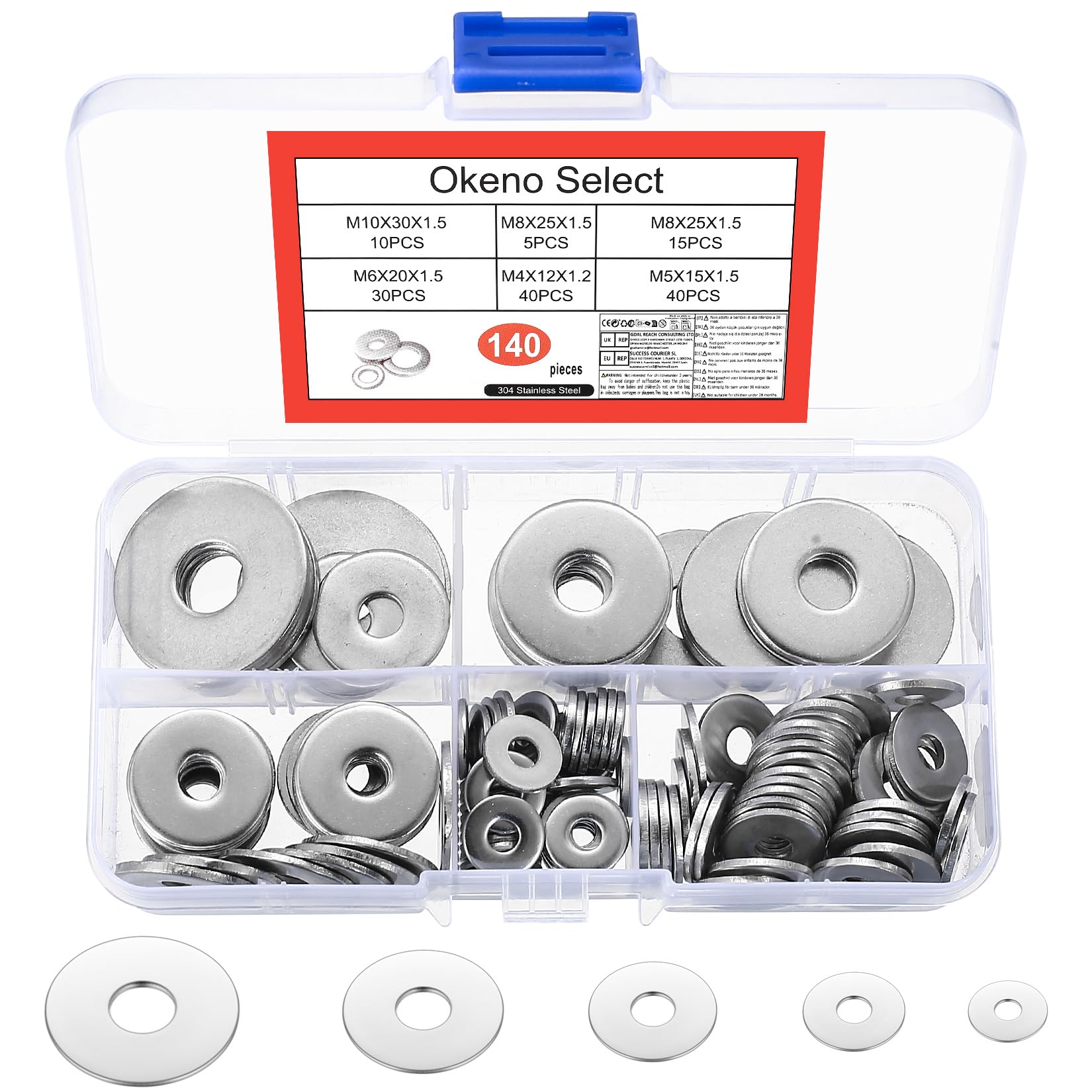 Okeno Select 140 Pcs 304 Stainless Steel Flat Washers Assortment Kit, Metric Flat Body Repair Washers Set for Bolts & Nuts, M4 M5 M6 M8 M10 Sizes, Rustproof Metal Shims for DIY, Machinery, Automotive