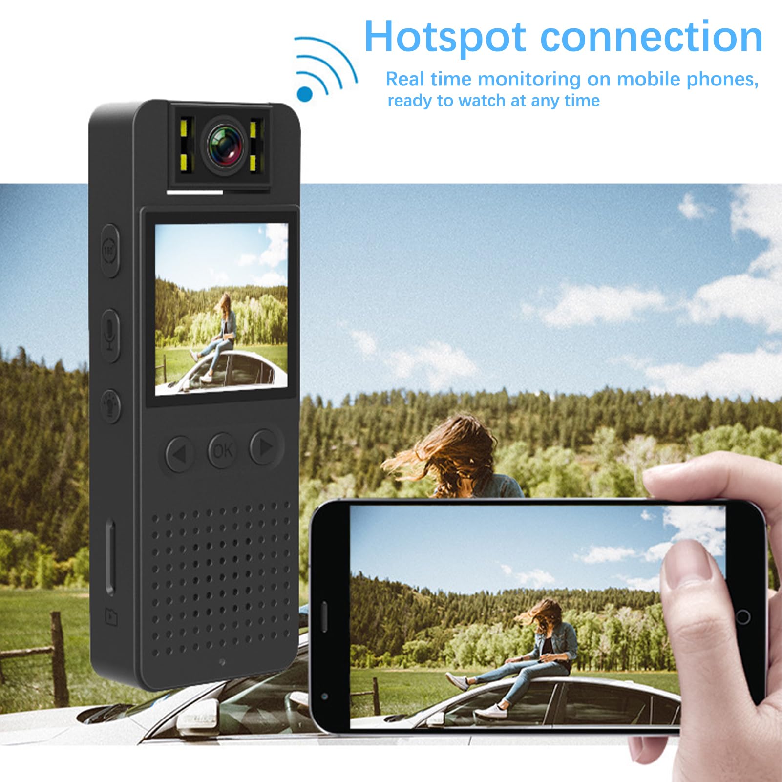 Syfunlv Mała kamera WLAN, mini nagrywarka wideo, przenośna, ukryta kamera, z obiektywem obracanym o 180°, wykrywanie ruchu, widoczność w nocy, nagrywanie audio, 1080p HD, mała kamera