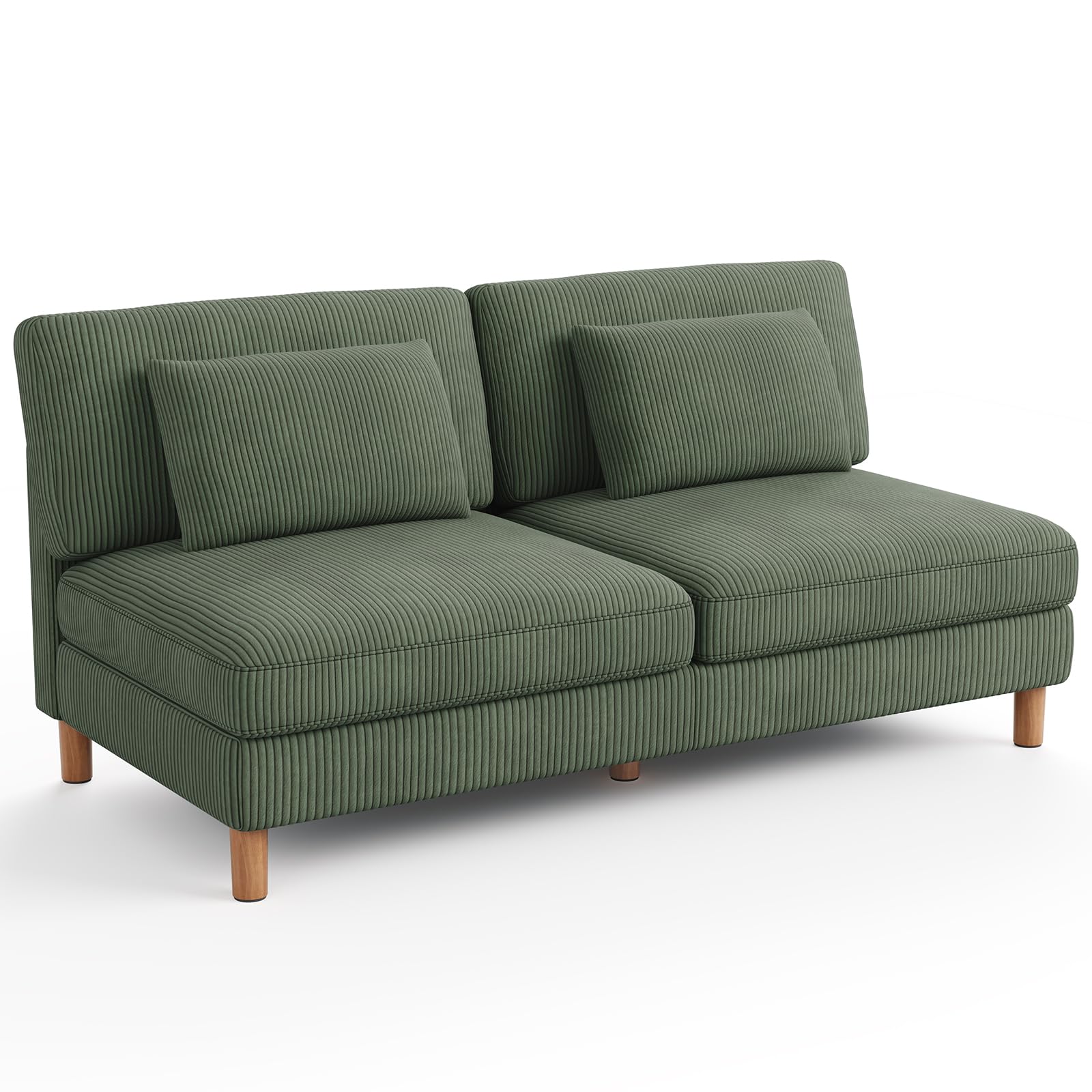 Vesgantti 166cm Armless 2 Seater Sofa, Comfy Corduroy Couch with 2 Extra Pillows, Loveseat Sofa Perfect for Living Room, Bedroom, Office, Apartment, Tool-free Assembly, 166L*88D*84Hcm, Green