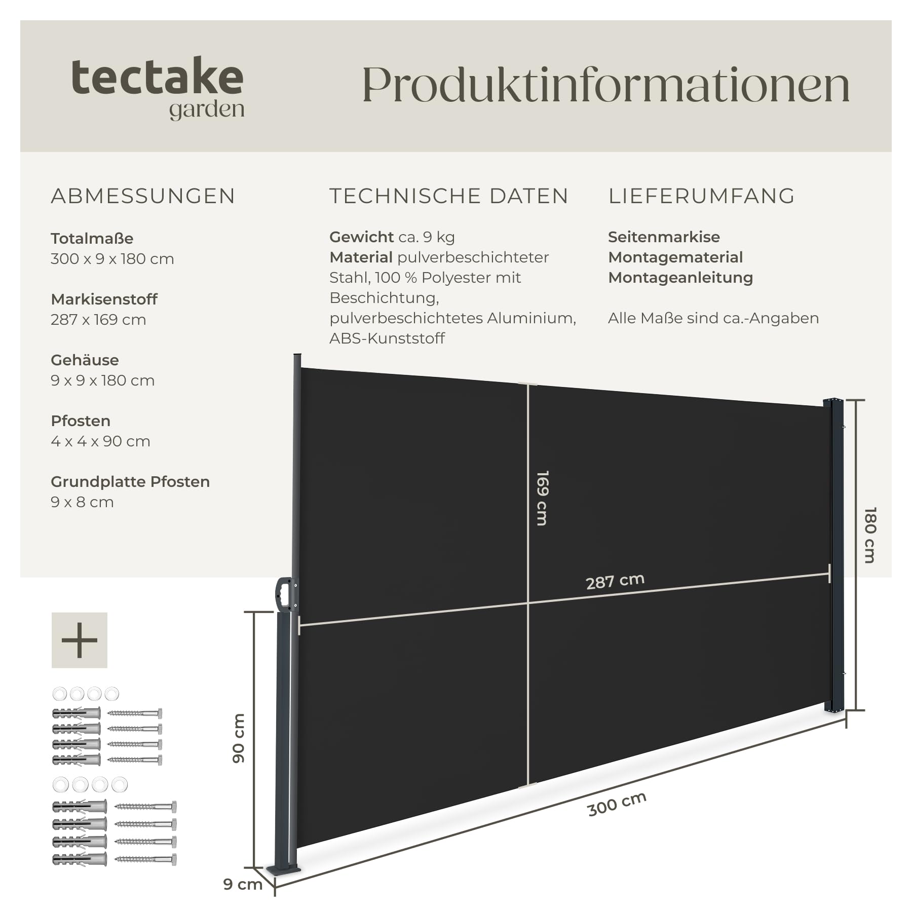 tectake® ausziehbare Seitenmarkise, 180 x 300 cm, wetterfest, Blickdicht, mit Aufrollmechanismus, Schutz vor Sonne und Wind, Seitenbeschattung, Seitensonnenschutz, Seitensichtschutz - schwarz
