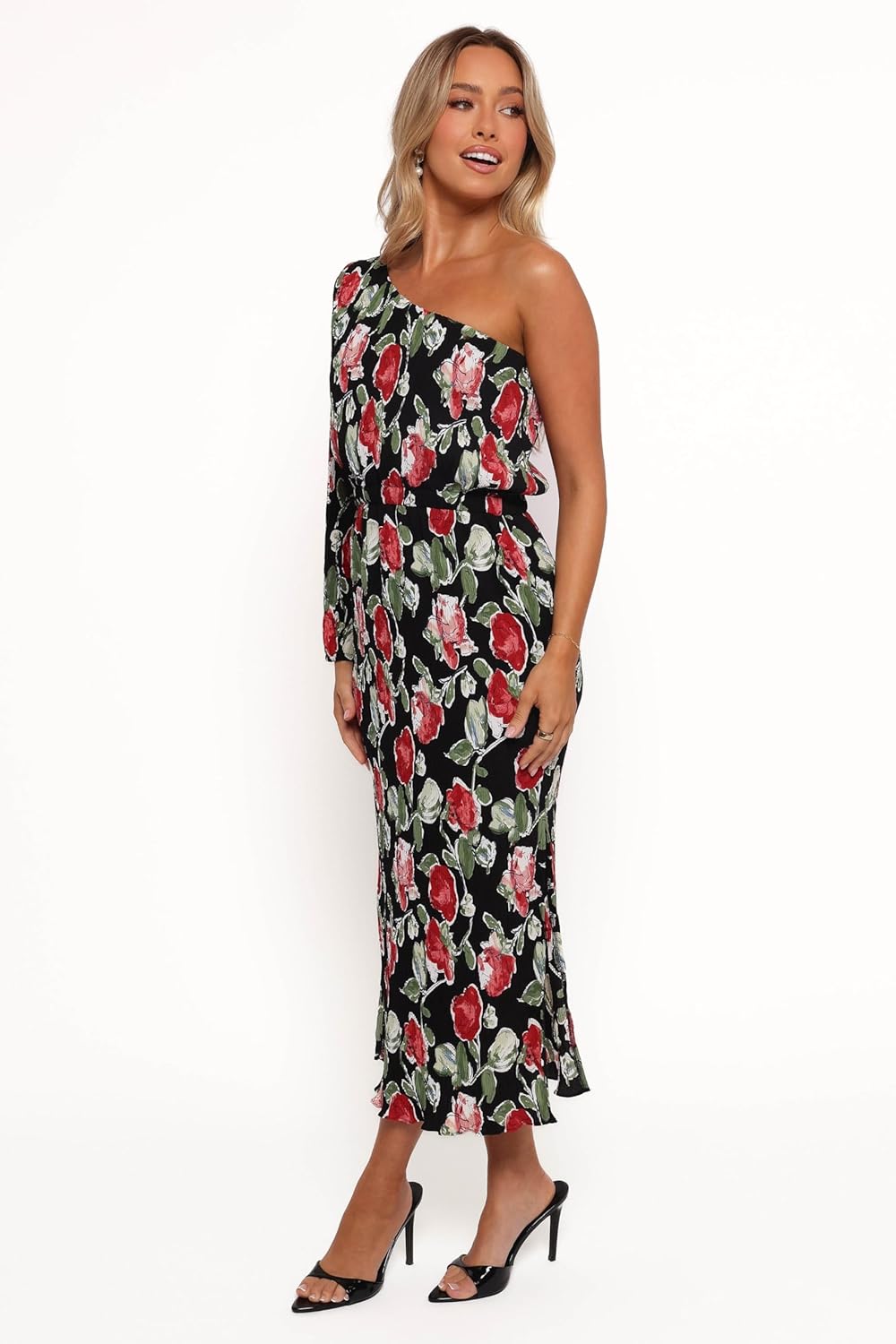Petal & Pup Pontee One Shoulder Pleated Midi Dress - Black Rose Print L - Image 2