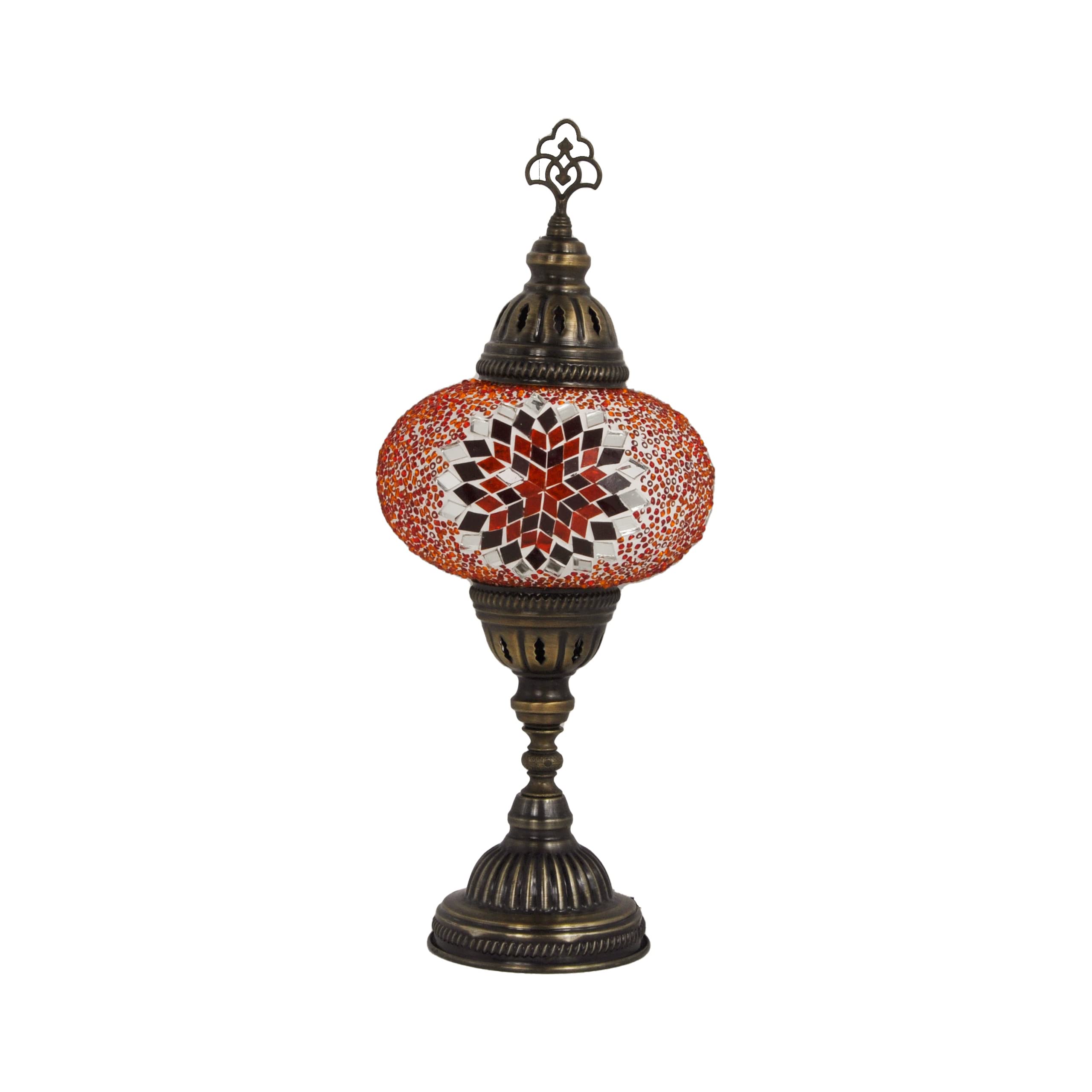 MOSLAND HOME 10 Variation Turkish Lamp Mosaic Table Lamps | Turkish Moroccan Lamp with Bronze Base | Handmade Tiffany Night Lamp | Mosaic Glass Bedside Night Lamp with Led Bulb (Red)