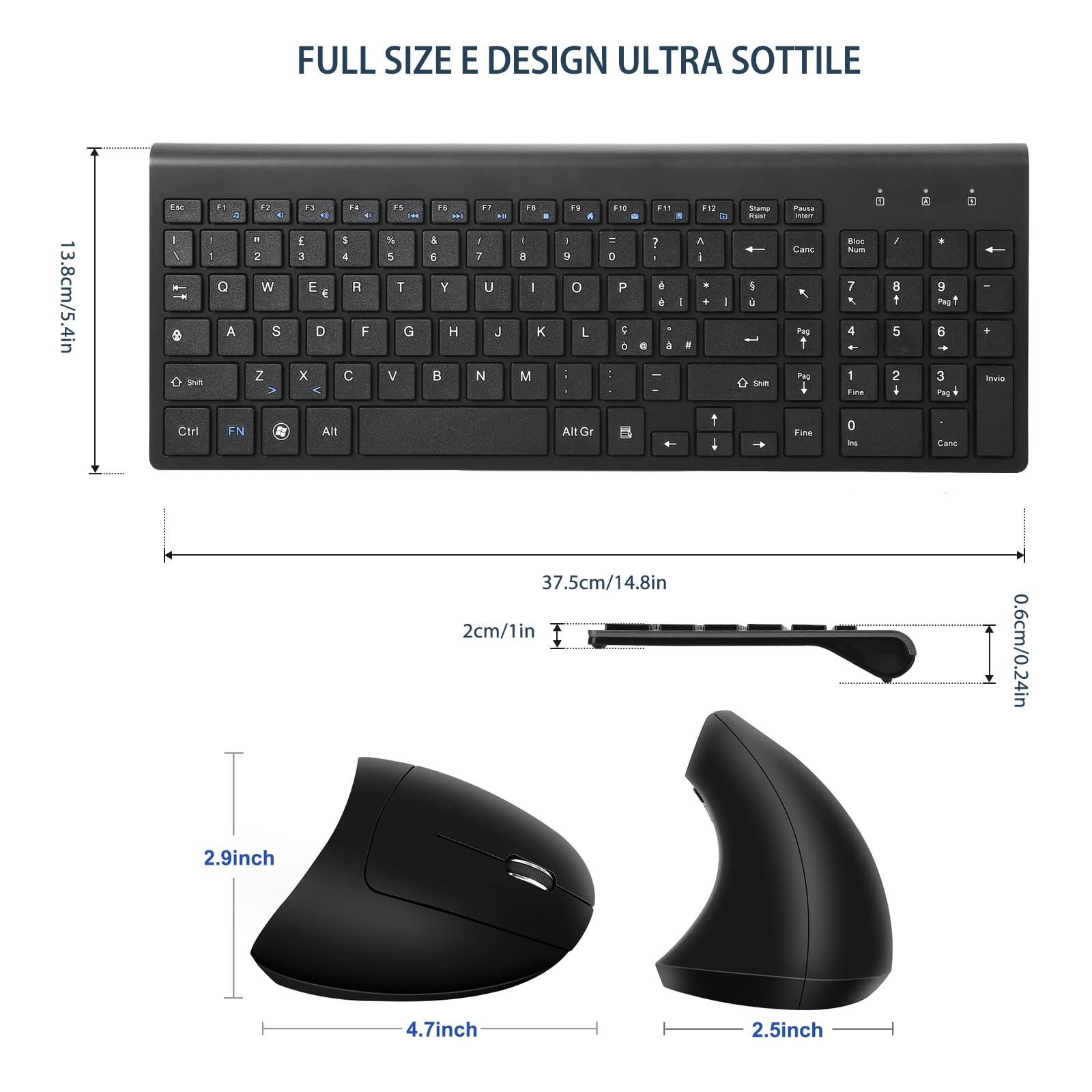 Combinación de ratón y teclado ergonómicos verticales inalámbricos de 2,4 GHz Tamaño portátil ultrafino para PC de sobremesa ordenador portátil portátil Mac Tablet (Right-handed)