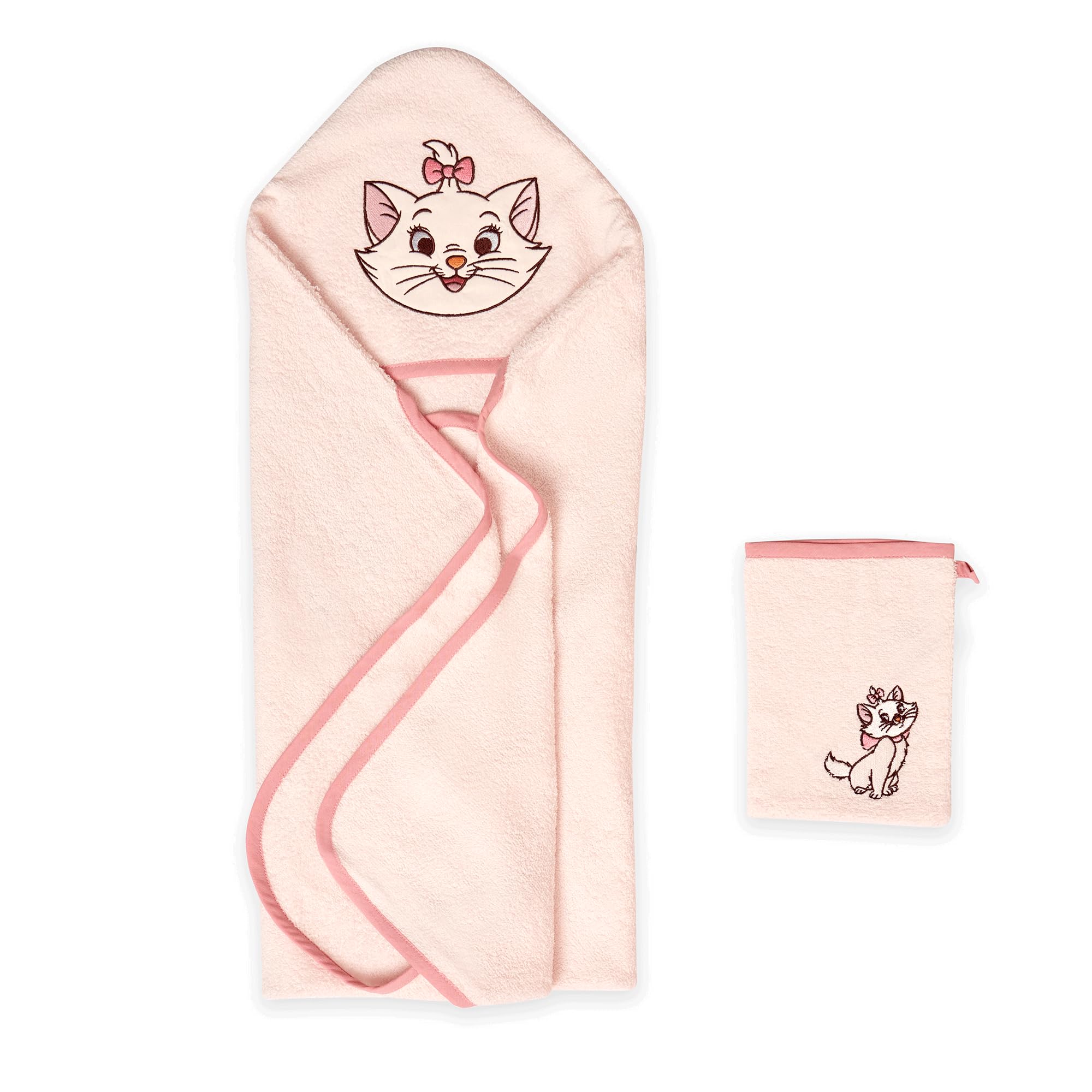 Disney Home Marie Cat zestaw ręczników z kapturem dla niemowląt do 5 lat, miękki i chłonny, certyfikat Oeko-Tex, 2-częściowy, ręcznik z kapturem 80 x 80 cm, myjka 15 x 20 cm