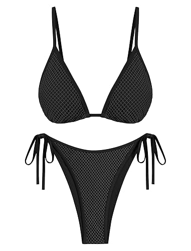 ZAFUL Women's Triangle Bikini Fishnet String Cheeky Bikini Sets High Cut Tie Side 2 Piece Swimsuit Bathing Suit - Black - X-Large