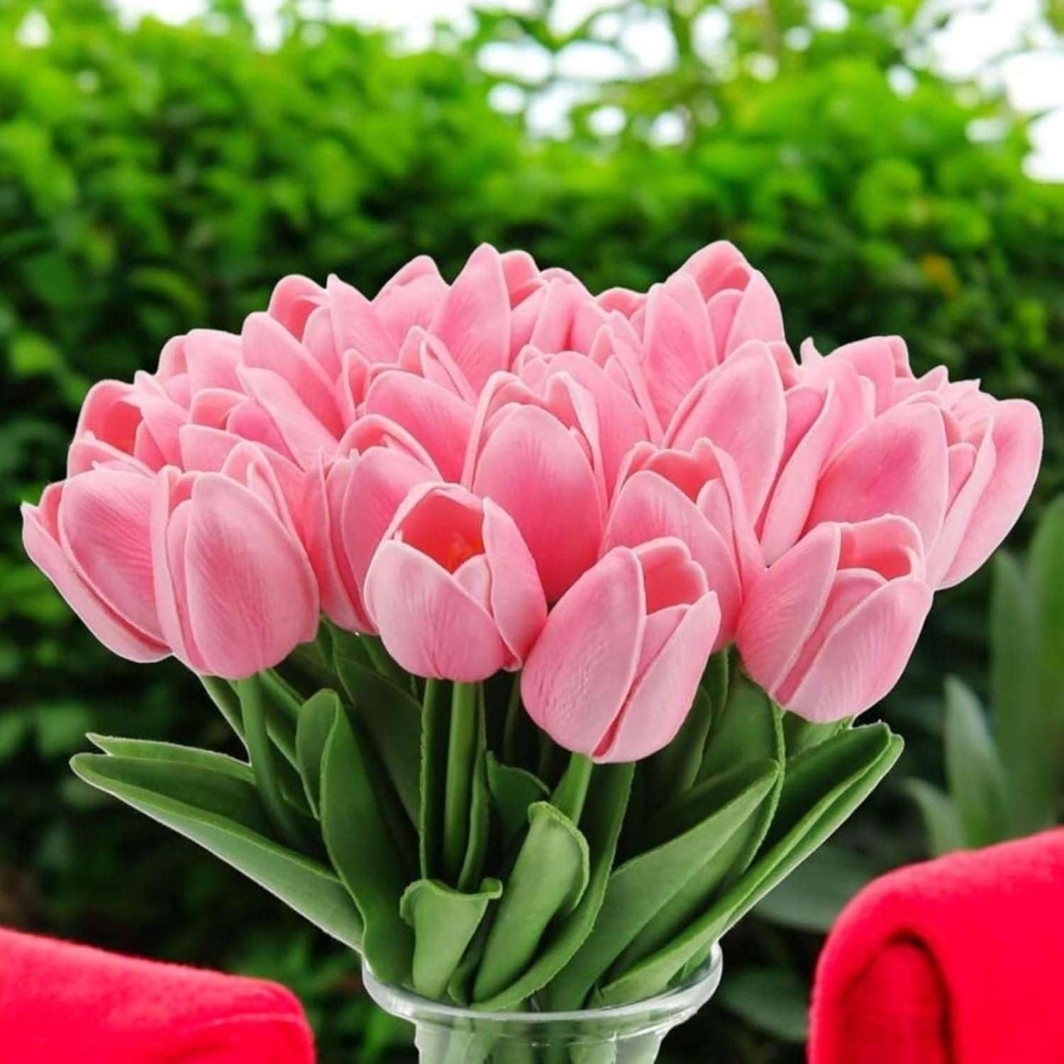 Pack of 5 Artificial Pink Tulip Flowers Bunch 34cm Real Touch Silicone Floral Arrangement for Vase Decor Living Room Bedroom Office Table Centerpiece Wedding Decoration-image-35