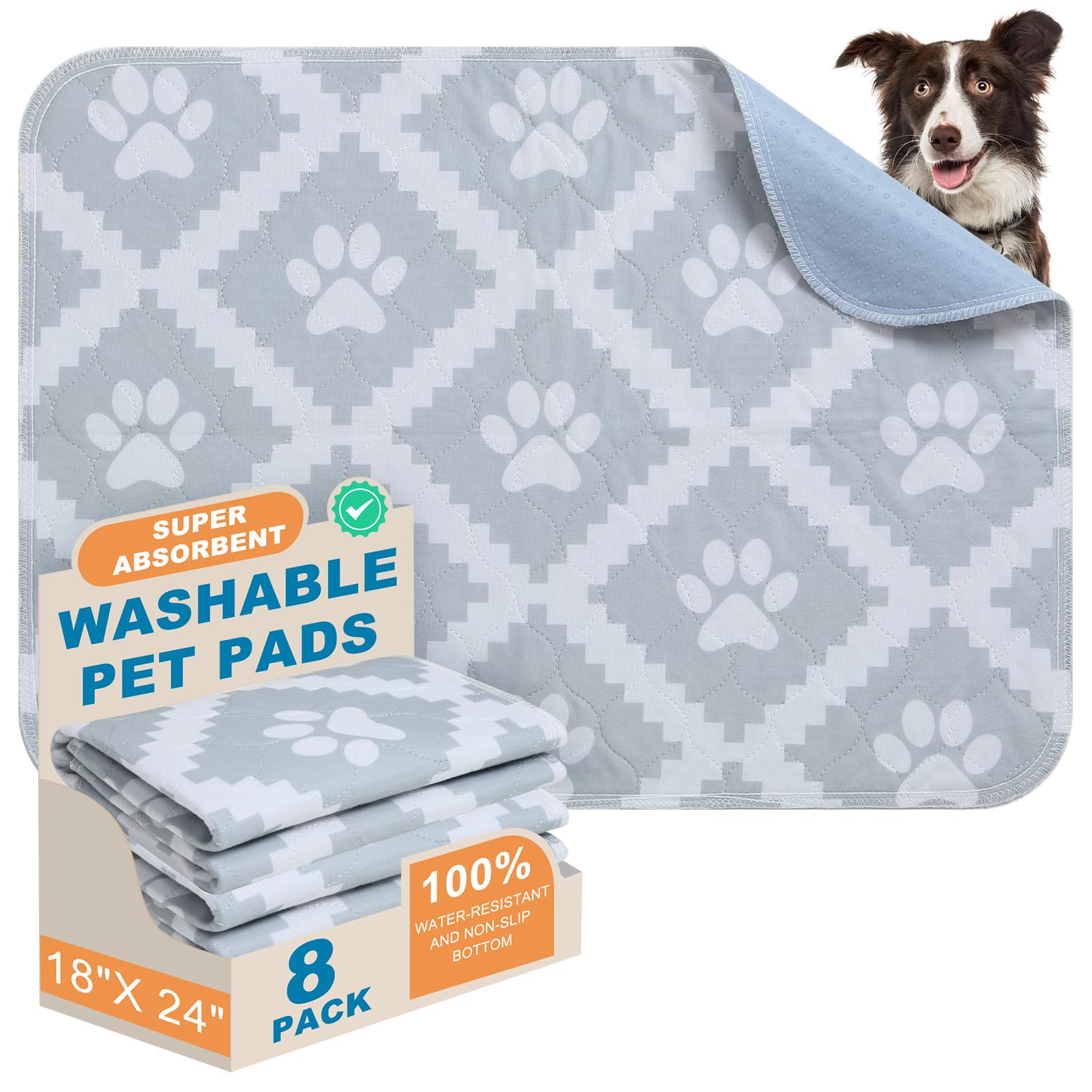 BEAUTYZOO Washable Pee Pads for Dogs, 8 Pack Reusable Puppy Pads, Super Absorbent Dog Pee Pads for Pet Training, Housebreaking and Incontinence, Non-Slip Potty Pads for Floor, Crate, Couch, 18" x 24"