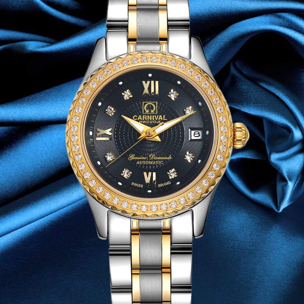 MASTOP Damen-Diamant-Armbanduhr, automatisch, mechanisch, Edelstahl, leuchtend, wasserdicht, luxuriös, elegante Uhr