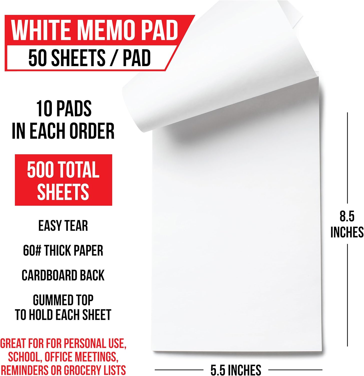 White Plain Note Pads - Memo Pads - Scratch Pads - Blank Writing Pads - 10 Pads 50 sheets in each pad (5.5" x 8.5")