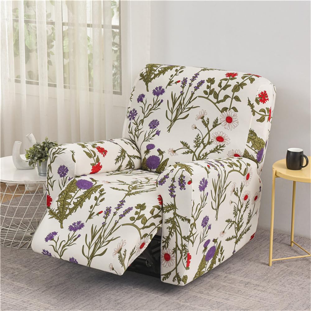 FANSU Copripoltrona Relax Reclinabile Elasticizzato, 1 Posto Elegante Fiori Copripoltrona Reclinabile Elettrica Coprisedile con Tasche, Universale Fodere per Poltrona Relax (Margherite)
