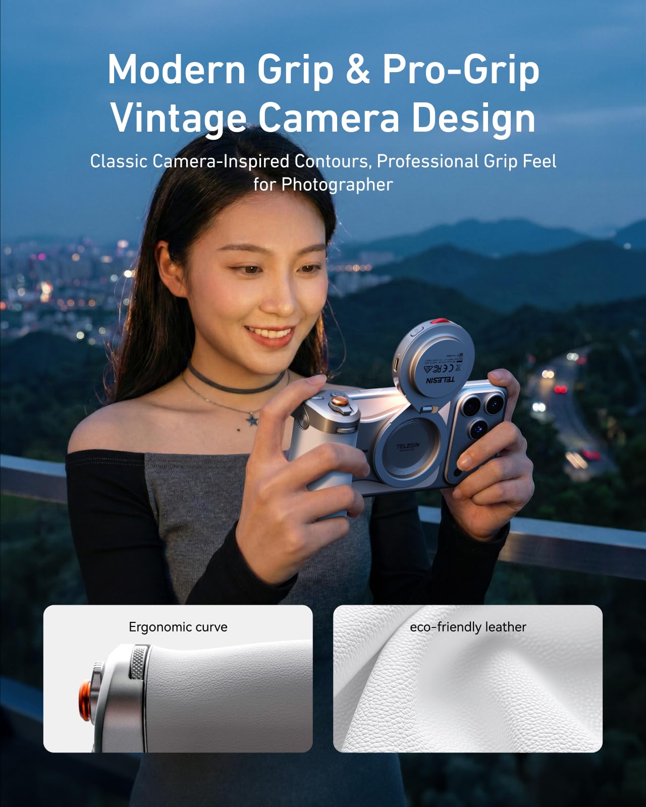 TELESIN Pro Shot Imaging Grip + Beauty Selfie Blitzlicht für iPhone 17 16 15 14 13 12 & Android | DSLR-Stil Ergonomischer MagSafe Griff, 32N Magnetkraft | Vlog, YouTube & Zoom Content Creator Kit