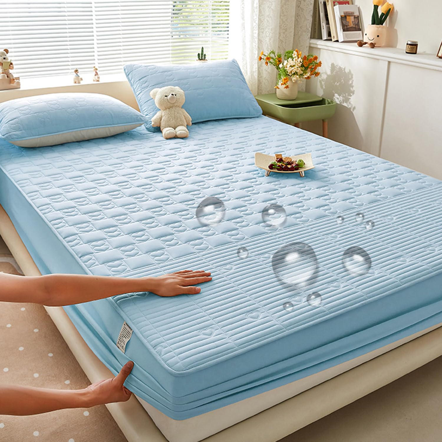 LDLCYCN ,A/blue,180 * 200cm, 100% Waterproof Mattress Protector Cover Queen Size Quilted Fitted Sheet