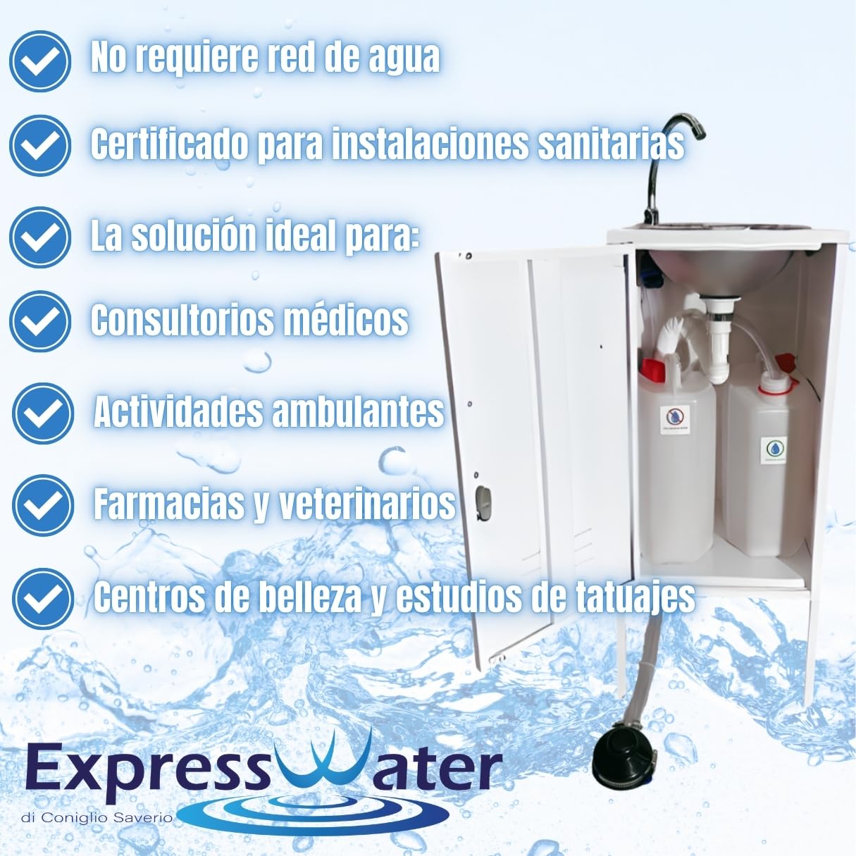 Lavabo portátil independiente Express Water con depósito de agua a pedal certificado para consultas comerciales y médicas (Luxury_Lite)
