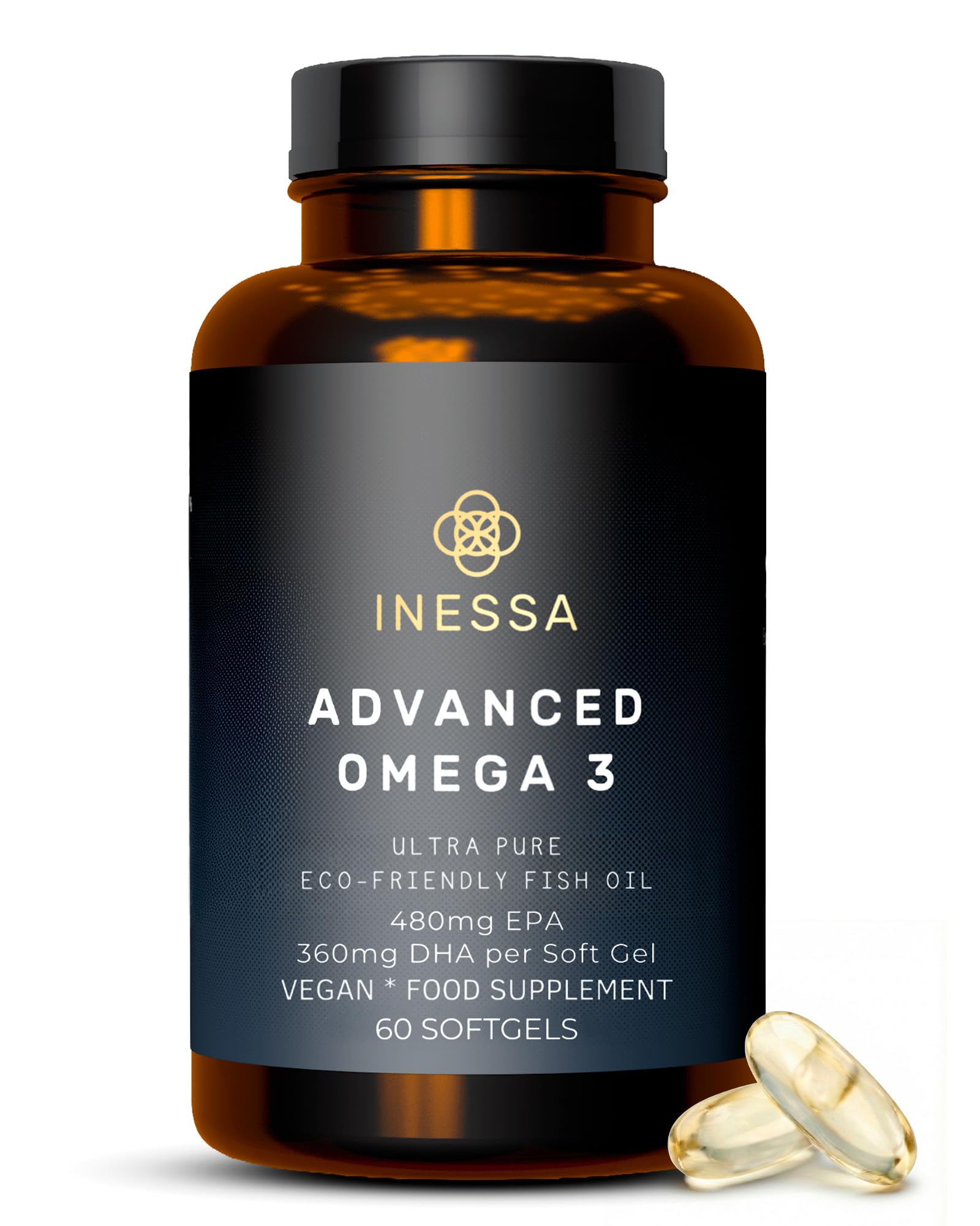 Omega 3 Fish Oil 1200mg (480mg EPA/360mg DHA per Capsule) High Strength, Ultra Pure, Eco Friendly 60 Capsules, 2 Months Supply. GMP & Friends of The Sea Certification