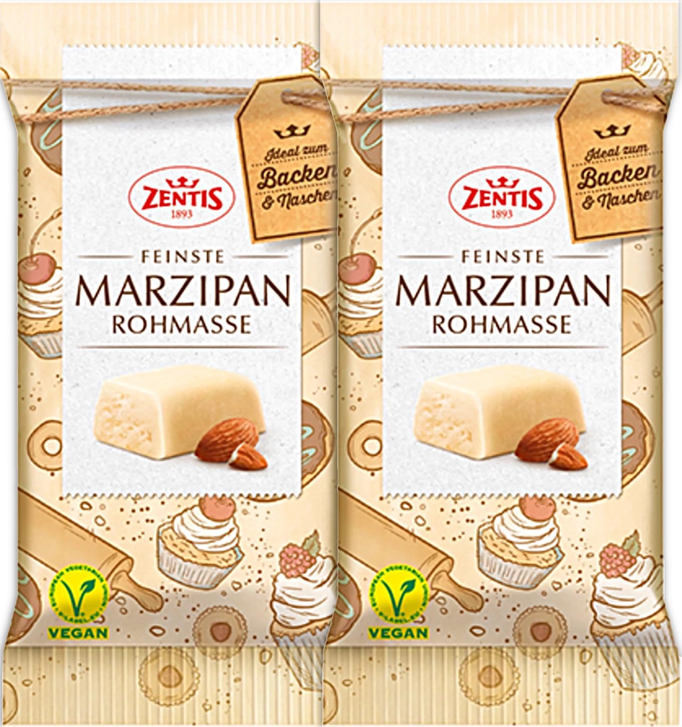 Zentis Fein Marzipan Row Mass 2x200 g (14.11 Oz) - Almond Marzipan for Baking, Decorating, Shaping and Cooking/Germany