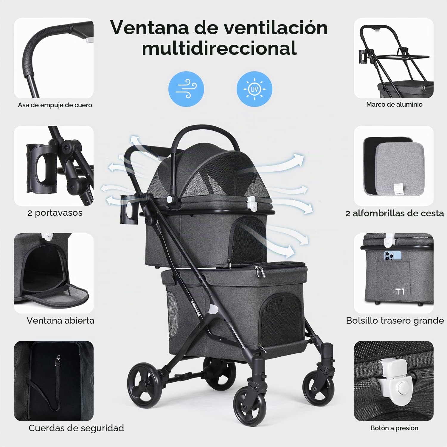 Beberoad 2 en 1 Carritos para Perros, Cochecito para Mascotas de Doble Nivel, Carrito para Mascotas, Cochecito para Mascotas Plegable