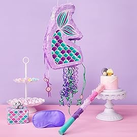 WERNNSAI Foldable Mermaid Piata - Pull String Mermaid Birthday Party Supplies Mermaid with Blindfold Bat and Tassels Mermaid Party Decoration Games Folding Purple Mermaid Piatas for Classroom Game