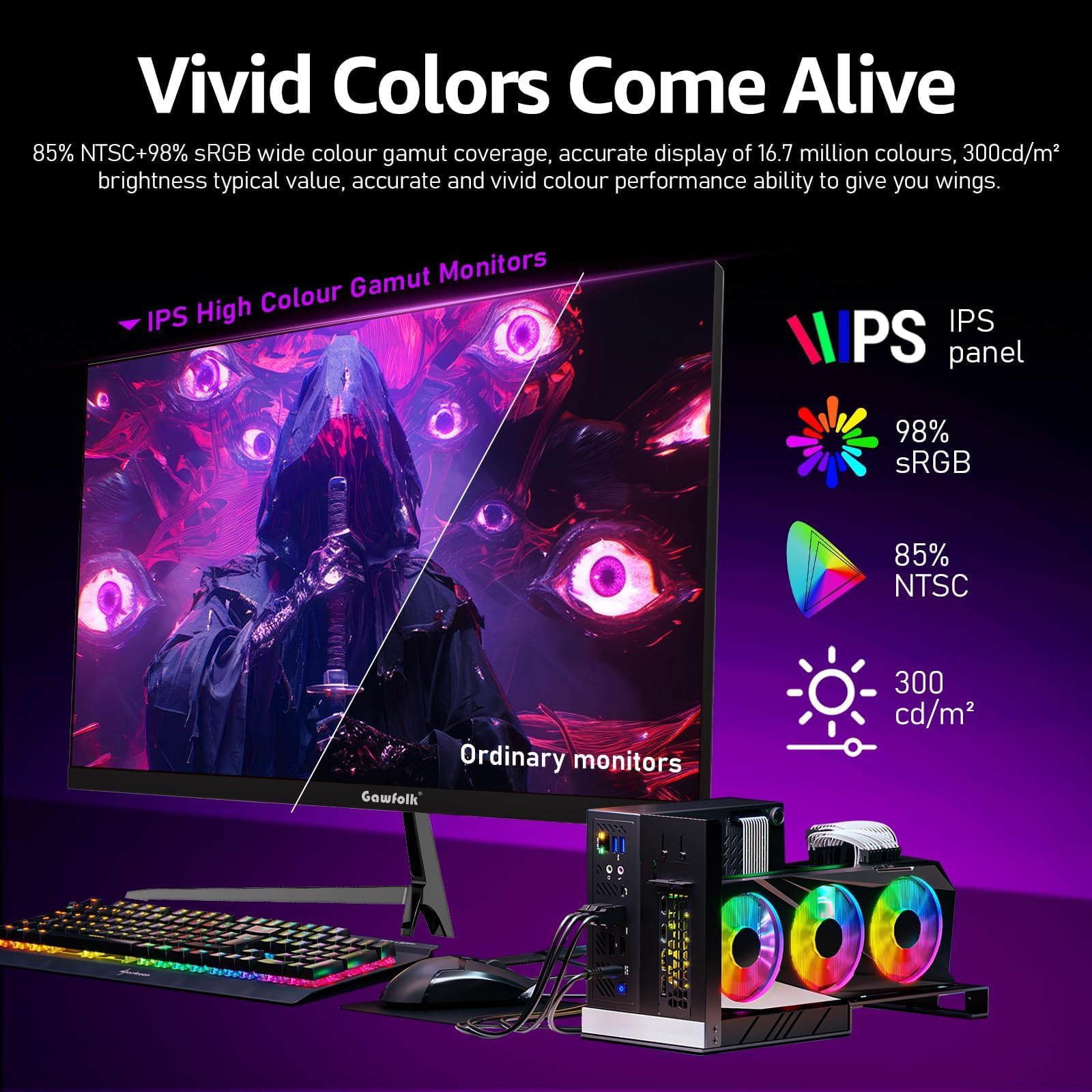 Gawfolk Monitor Gaming 27" QHD 2K | 120Hz 1ms per Esperienza Immersiva | AMD FreeSync | Design Senza Bordi | HDMI/DP e Montaggio a Parete