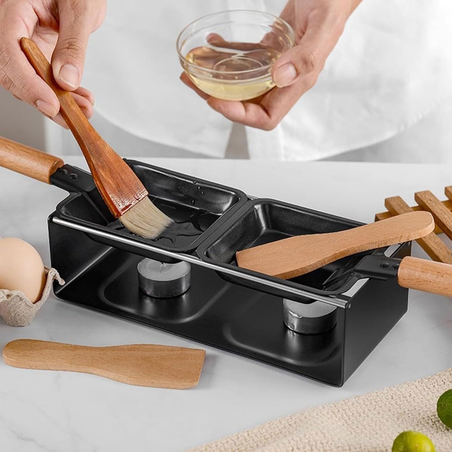 Griglia per formaggio a doppia piastra, raclette in acciaio inox con candele, mini padella antiaderente per formaggio, carne, pesce e verdure