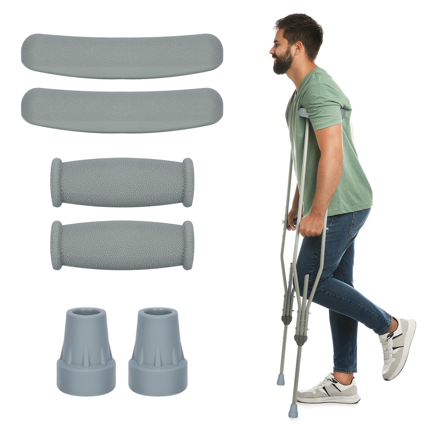 supregear Almohadillas Empuñaduras y Puntas para Muletas, Cubierta de Mango y Almohadilla de Pie, Se Adapta a Muletas de Aluminio Estándar, 6 Piezas, Gris