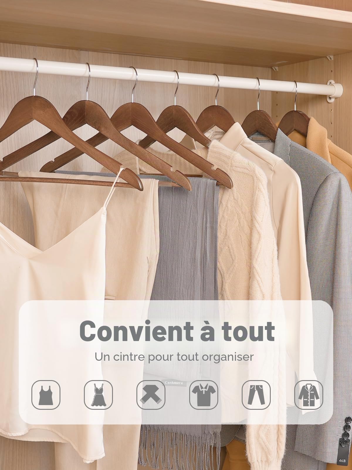House Day Cintres en Bois de Noyer 30 Pack - Cintres Bois Massif Élégants et Antidérapants avec Crochet Métallique Rotatif 360°, Support pour Pantalons, pour Vestes, Costumes, Chemises, Robes