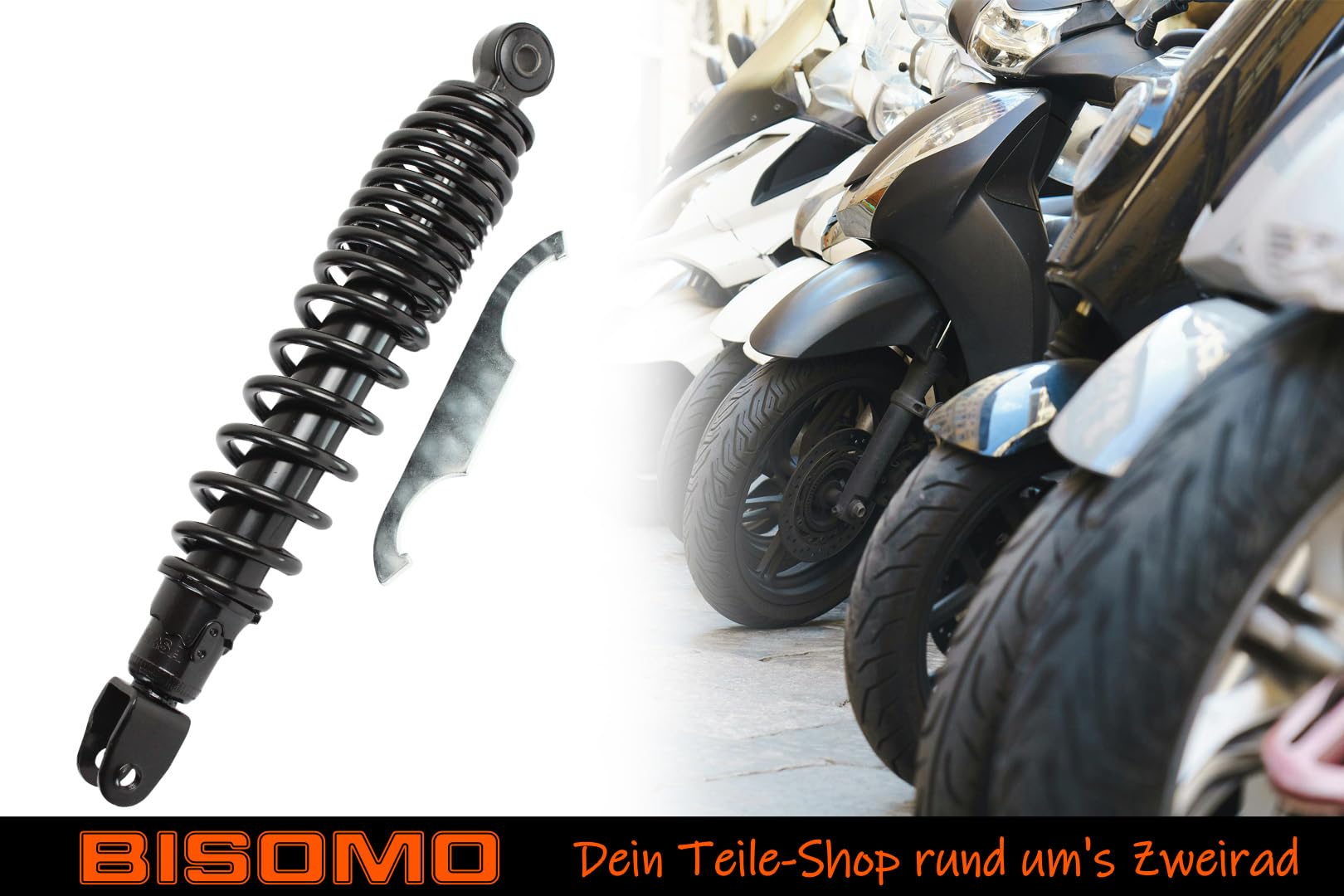 Stoßdämpfer Federbein 326mm hinten, für 12 + 16 Zoll Roller kompatibel mit Kymco Agility und DJ 50-125ccm, M8 x 1,25 inkl. Einstellschlüssel