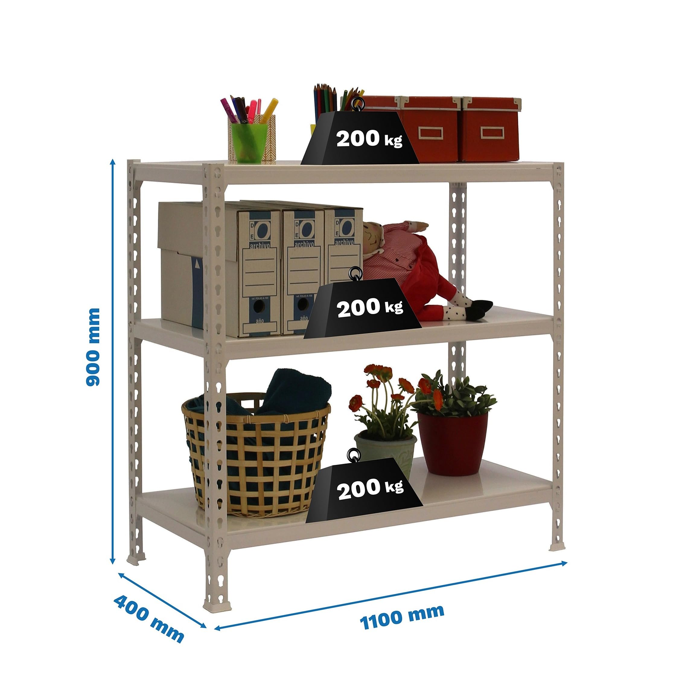 Simonrack Estantería Almacenamiento y 3 Niveles, 200 kg, Capacidad de Carga y Punto de flexión, 900 x 1100 x 400 mm, Estante de Carga Pesada, Estante de Garaje, Gris - Simonclick