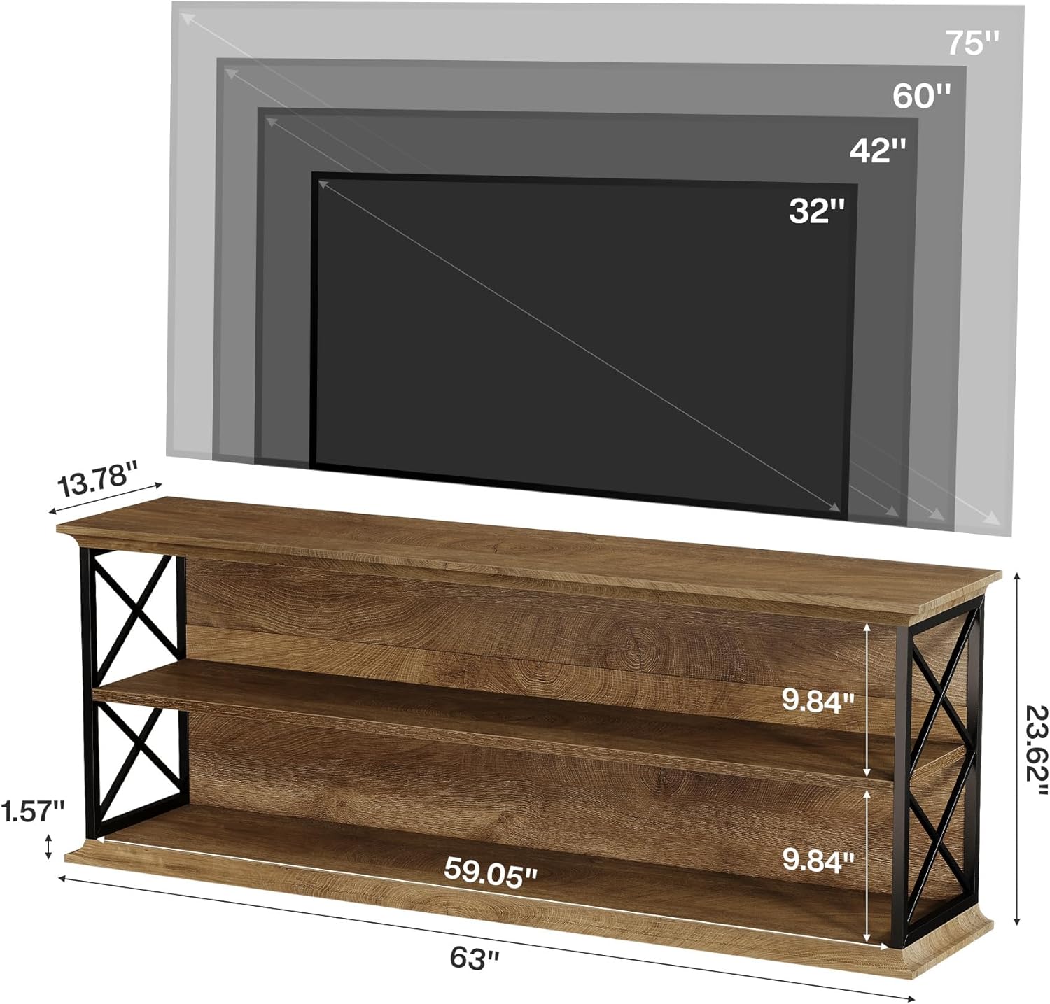 Tribesigns TV Stand for TVs up to 75 Inch, 63-Inch Entertainment Center with Open Storage, Wooden Rustic Media Table for Living Room, Bedroom, Brown