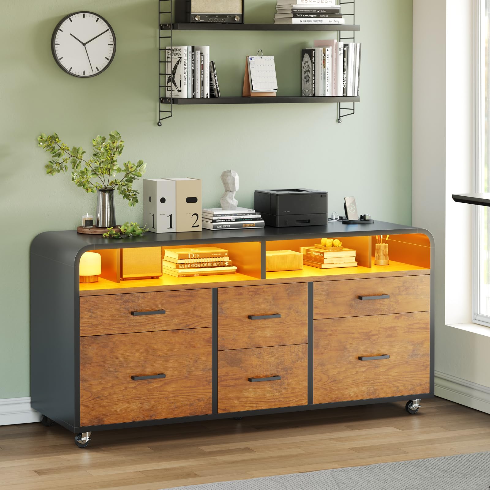 SEDETA 6 Drawers File Cabinet with Power Strip fits Legal/Letter/A4 Size Black/Rustic Brown
