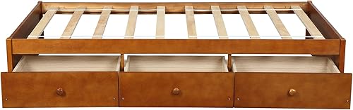 Miniatura 5 de Merax Cama de almacenamiento con plataforma de capitán de madera con 3 cajones, marco de cama clásico, no necesita somier, individual, roble