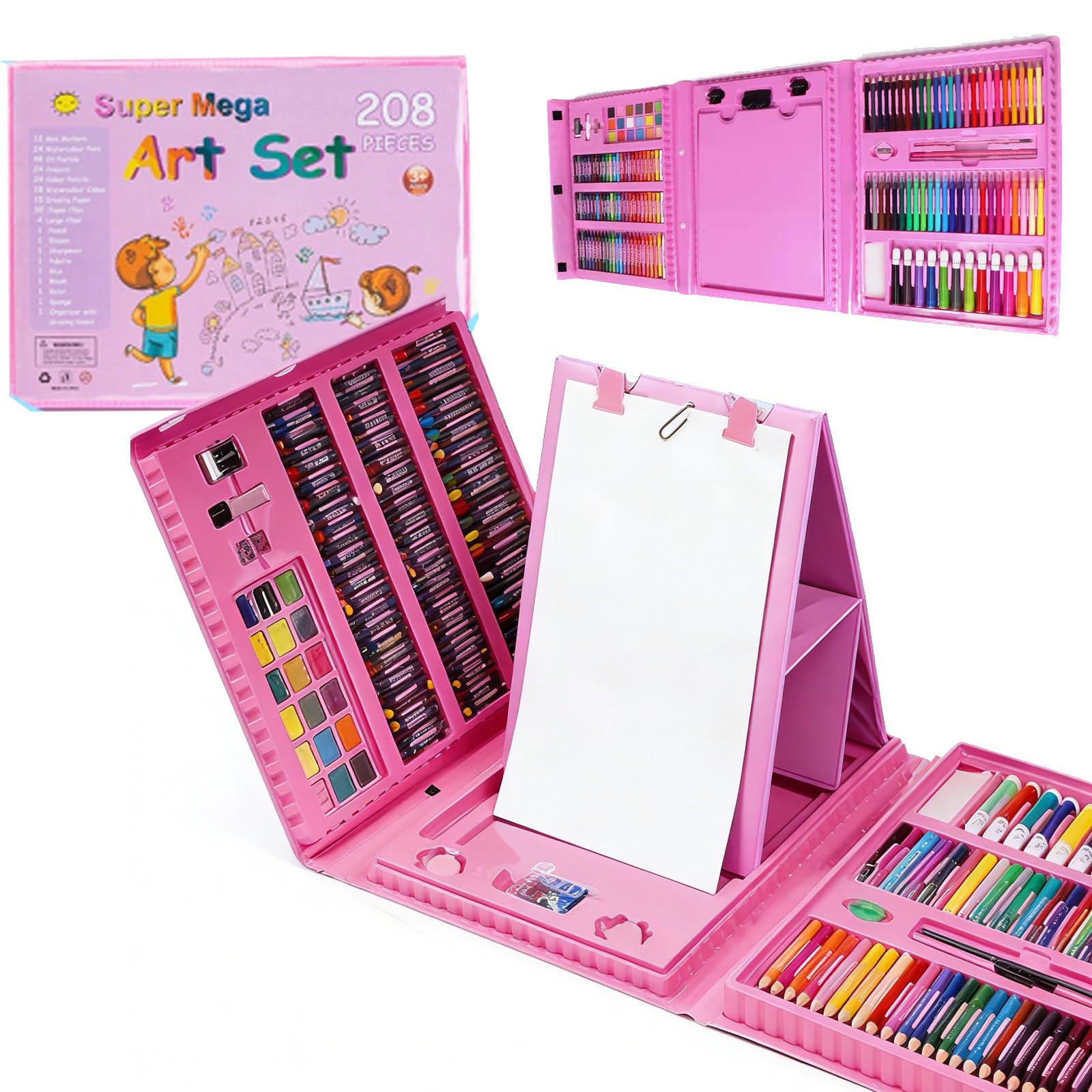 M.J COMFY-LIFE 208 PCS Painting and Colouring Set Art Supplies Set for Kids Adults – Drawing Kit with Storage Box Case & Easel Portable Art Case with Handle Pink Gift for Girls & Boys