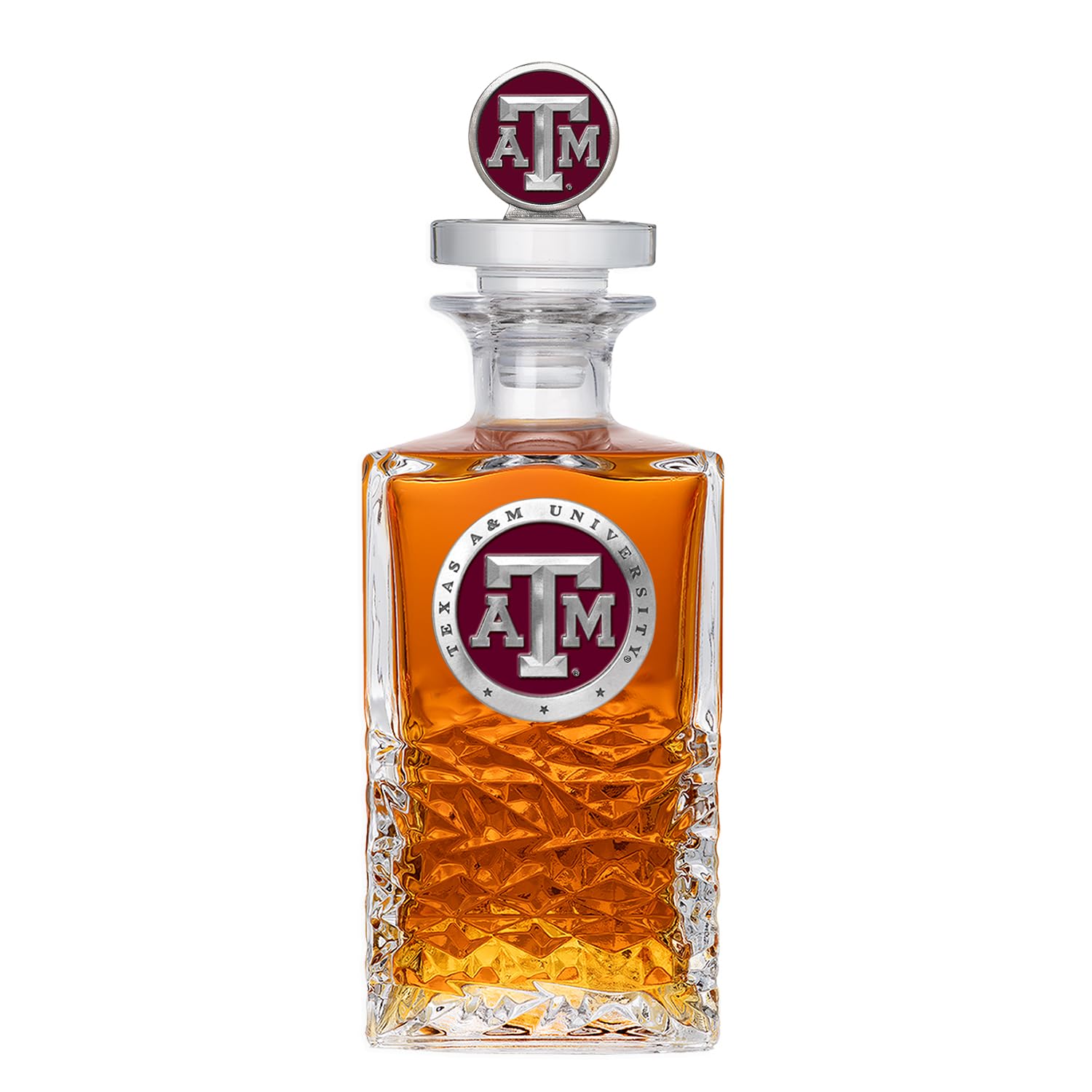Texas A&amp;M Heritage Decanter with 3D Stopper | 25 OZ Liquor Pourer | Expertly Crafted Pewter Glass