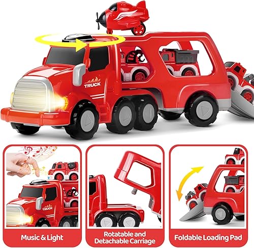 Miniatura 3 de Camión de bomberos de juguete para niños de 3, 4, 5, 6, 7 años, 8 en 1, vehículo portador de automóviles de bomberos para niños de 3 a 5 años, coche