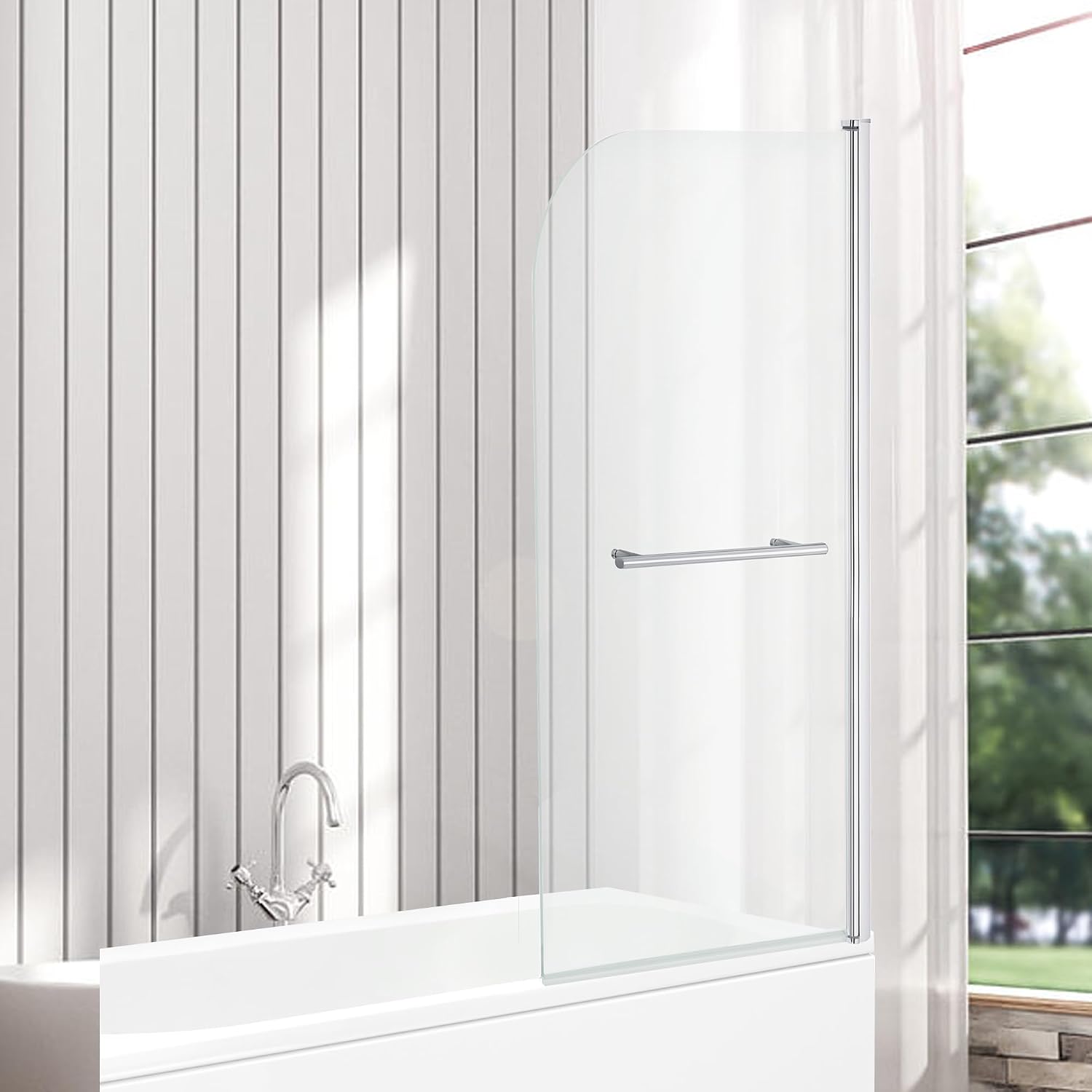 VeeBath RST035 Jade 6mm Curved Edge Toughened Safety Glass Bath Screen Panel with Towel Rail Shower Chrome – 1400x800mm