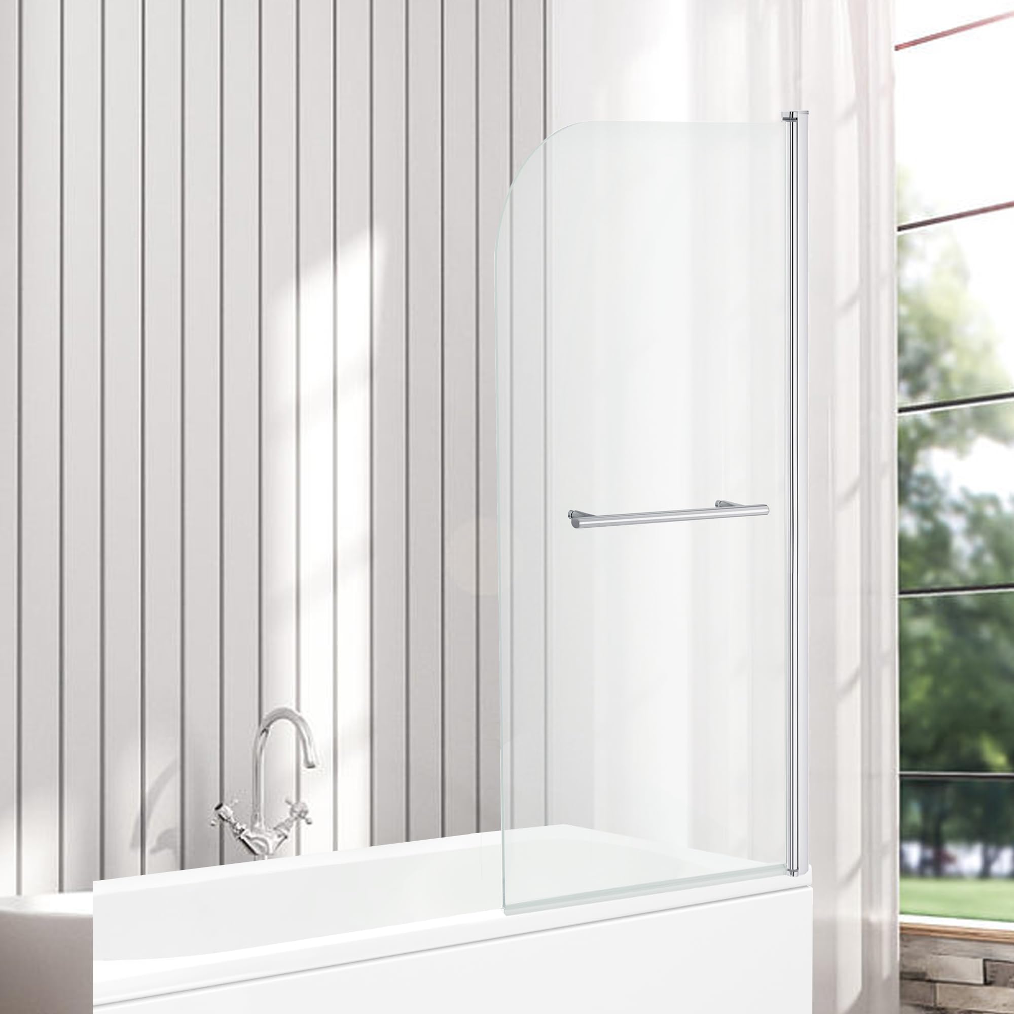 VeeBath RST035 Jade 6mm Curved Edge Toughened Safety Glass Bath Screen Panel with Towel Rail Shower Chrome - 1400x800mm