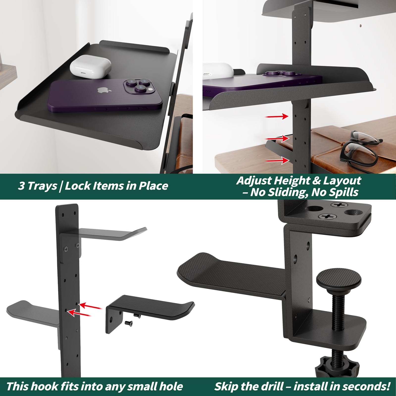 Scaffale Scrivania con Morsetto 3 Ripiani Regolabile, Sopra & Sotto | Senza fori, 3 vassoi 28x17,5cm, per scrivania 1,5-6cm spessore, scaffale acciaio, organizer ufficio, gaming e TV, tavolo