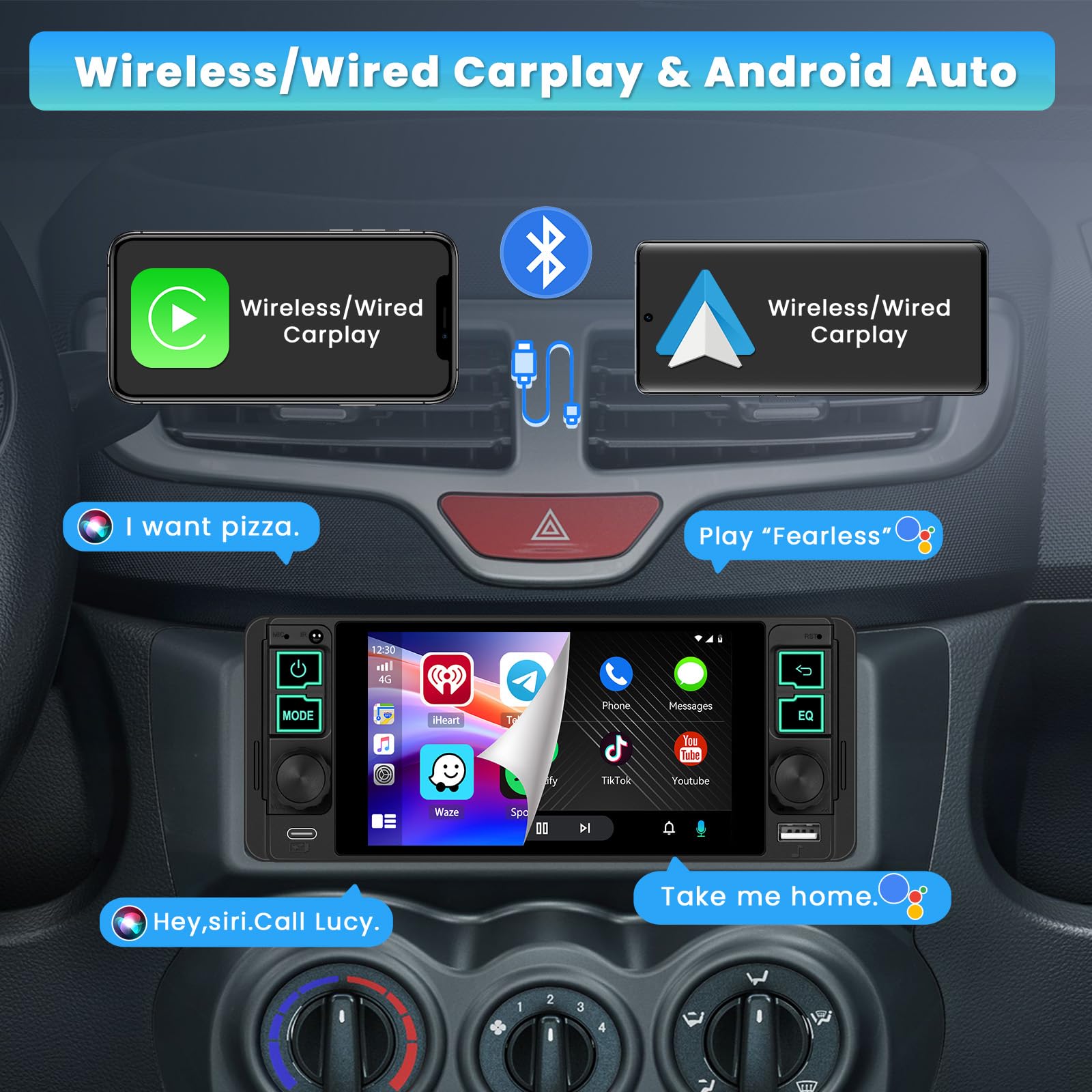 Inefala Radio samochodowe 1 DIN z 5,1-calowym ekranem, bezprzewodowy Carplay, Android Auto, Bluetooth, Mirror Link, radio FM, USB Type-C, tylna kamera, mikrofon