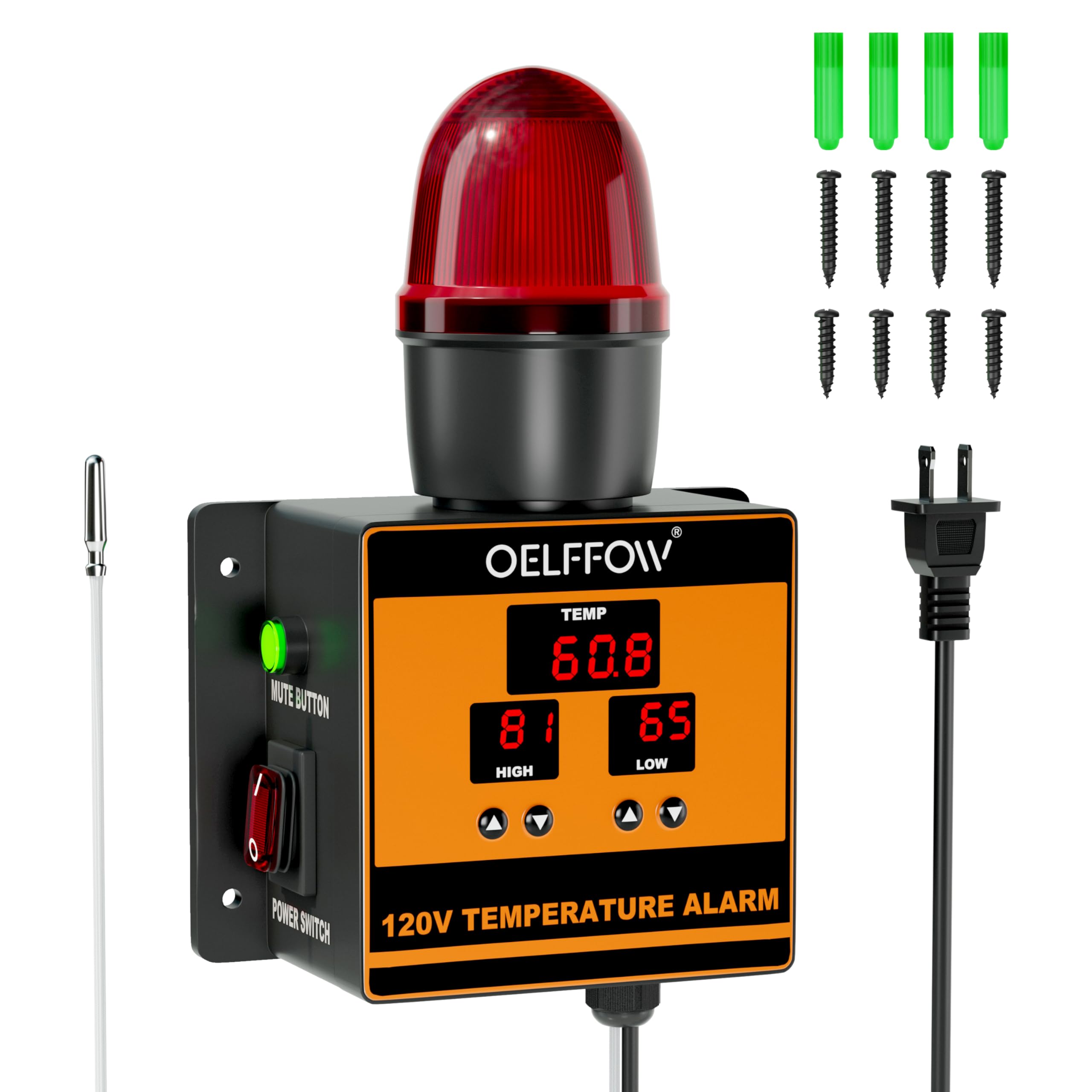 120 V Temperature Alarm, Temperature Monitor with 105 dB Integrated Sound & Light Alarm, Temp Controller for Greenhouses, Farms, Warehouses, One-Key Mute Button