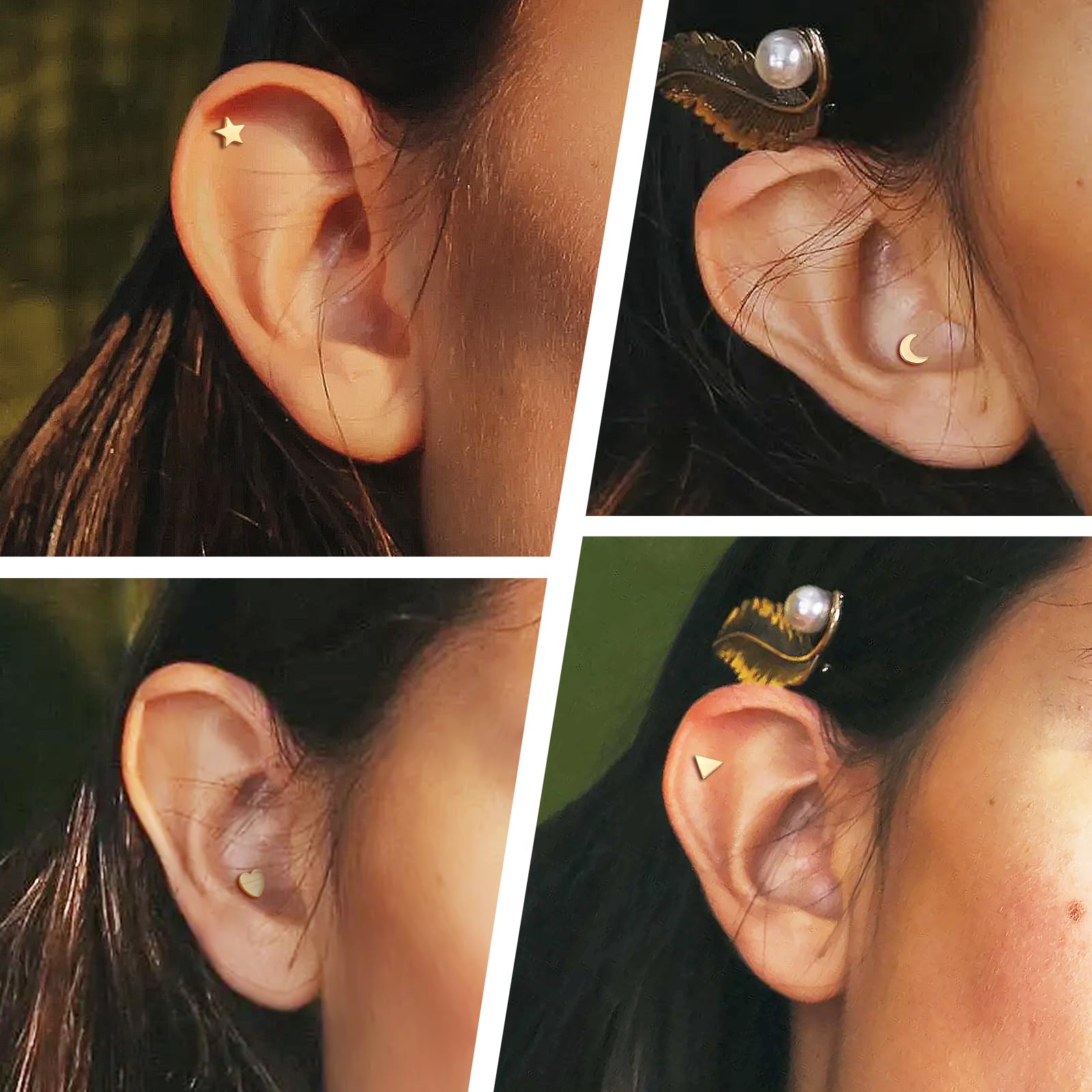 Melighting Orecchino piatto posteriore in oro giallo 14 K, orecchino helix, titanio senza fili, spinta in cartilagine, orecchini 16 g, trago stud cuore medusa piercing gioielli