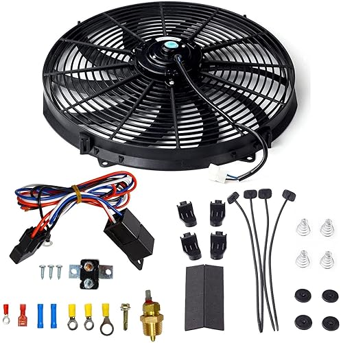 16 Inch Electric Radiator Cooling Fan Mounting Kit & 175-185 Degree Thermostat Relay Switch Kit Black