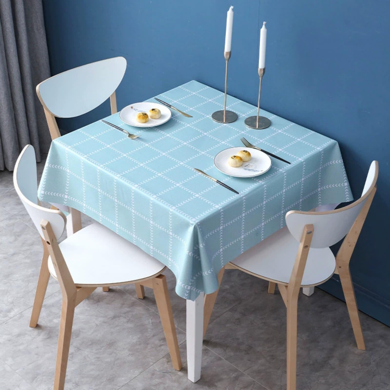 FANSU Wipe Clean Oilcloth Tablecloth Square Rectangular, Plaid Style Waterproof Oil Proof Garden Tablecloth PVC Plastic Table Cloth for Party Birthday Kitchen Dining Picnic (Light Blue,120x160cm)
