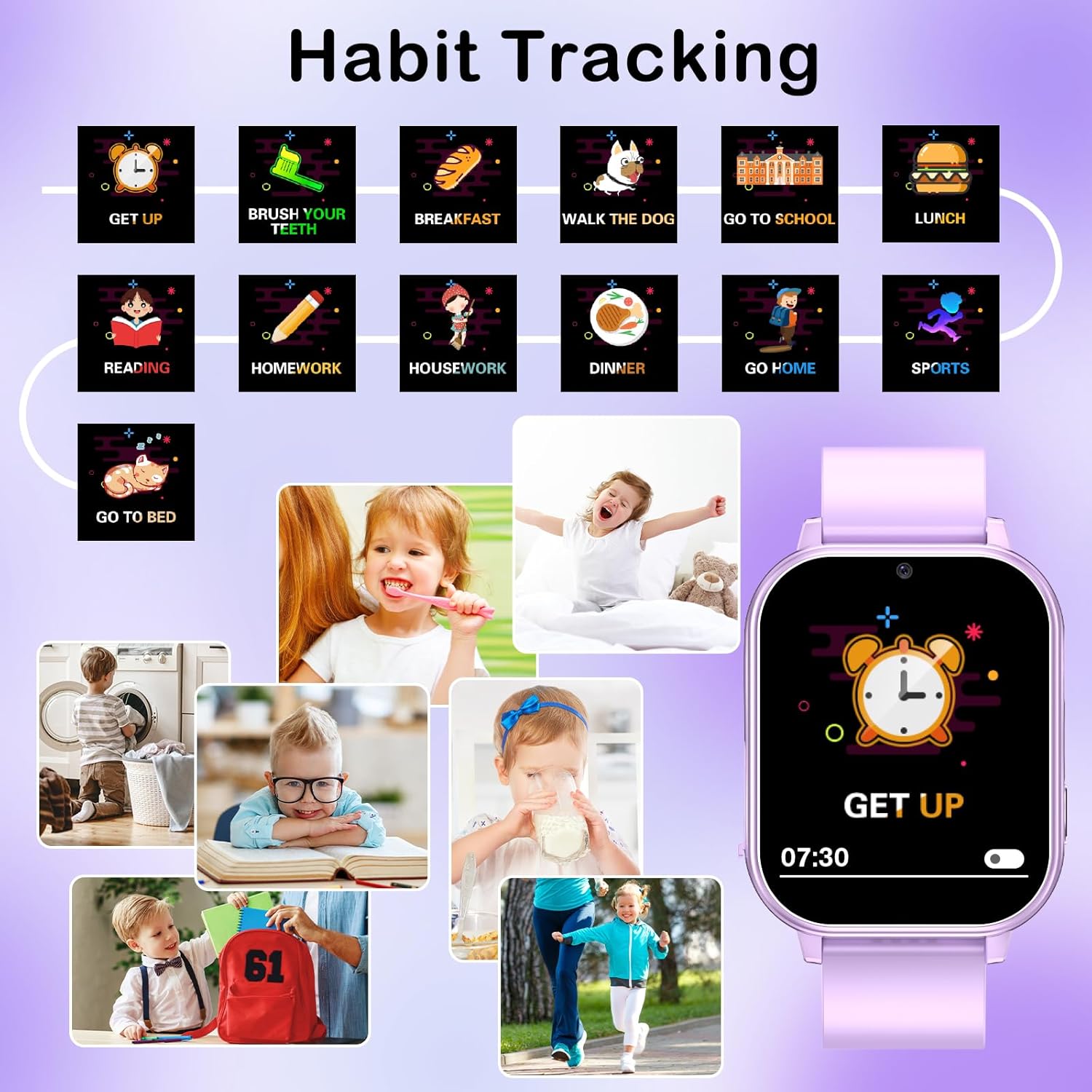 A collage of images depicting various daily habits like getting up, brushing teeth, breakfast, walking the dog, going to school, lunch, reading, homework, housework, dinner, going home, and sports, with a purple PTHTECHUS A22 Smart Watch displaying a 'GET UP' alarm.