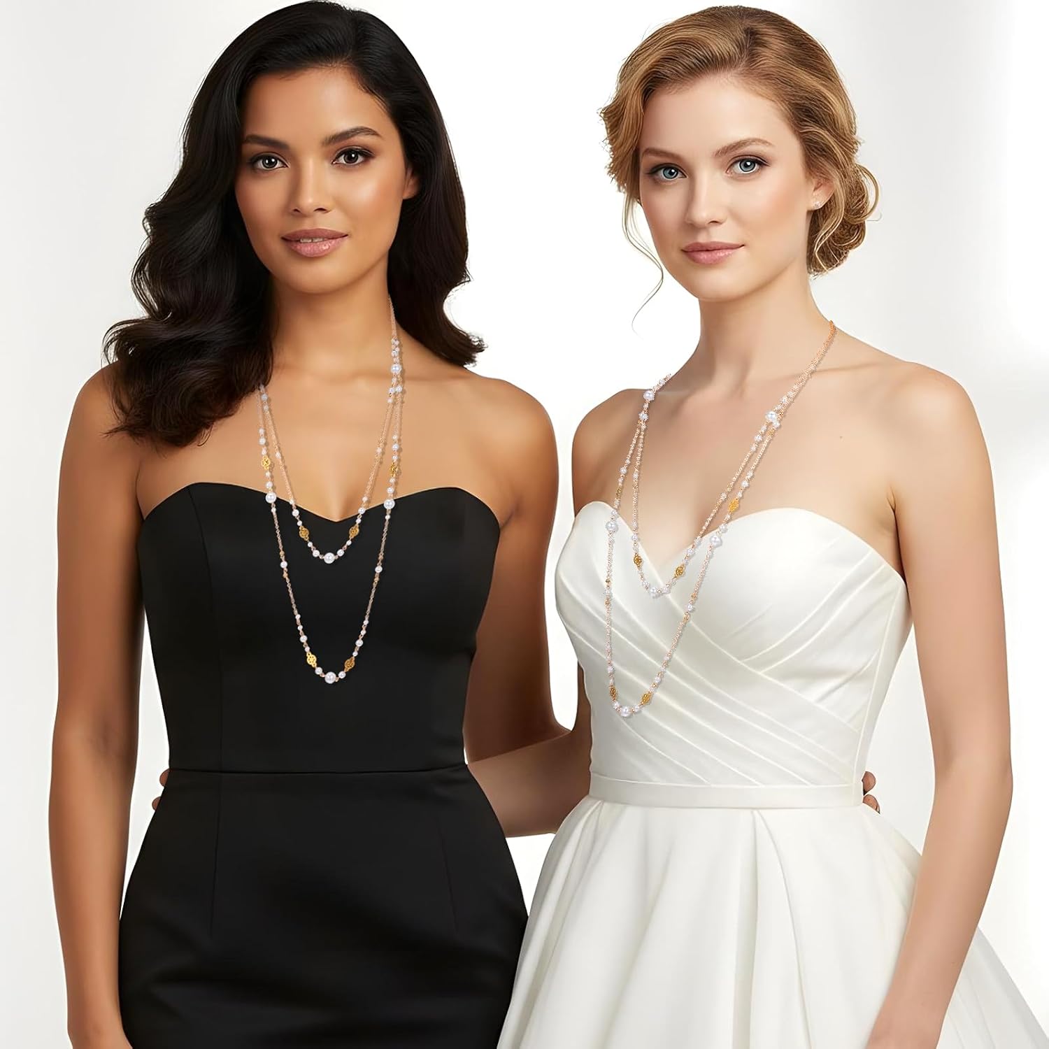 Long Gold Pearl Necklaces for Women, Trendy Dainty Layered Pearl Necklace Statement Strand Chain Fashion Jewelry Gift Sweater Accessories - Image 4