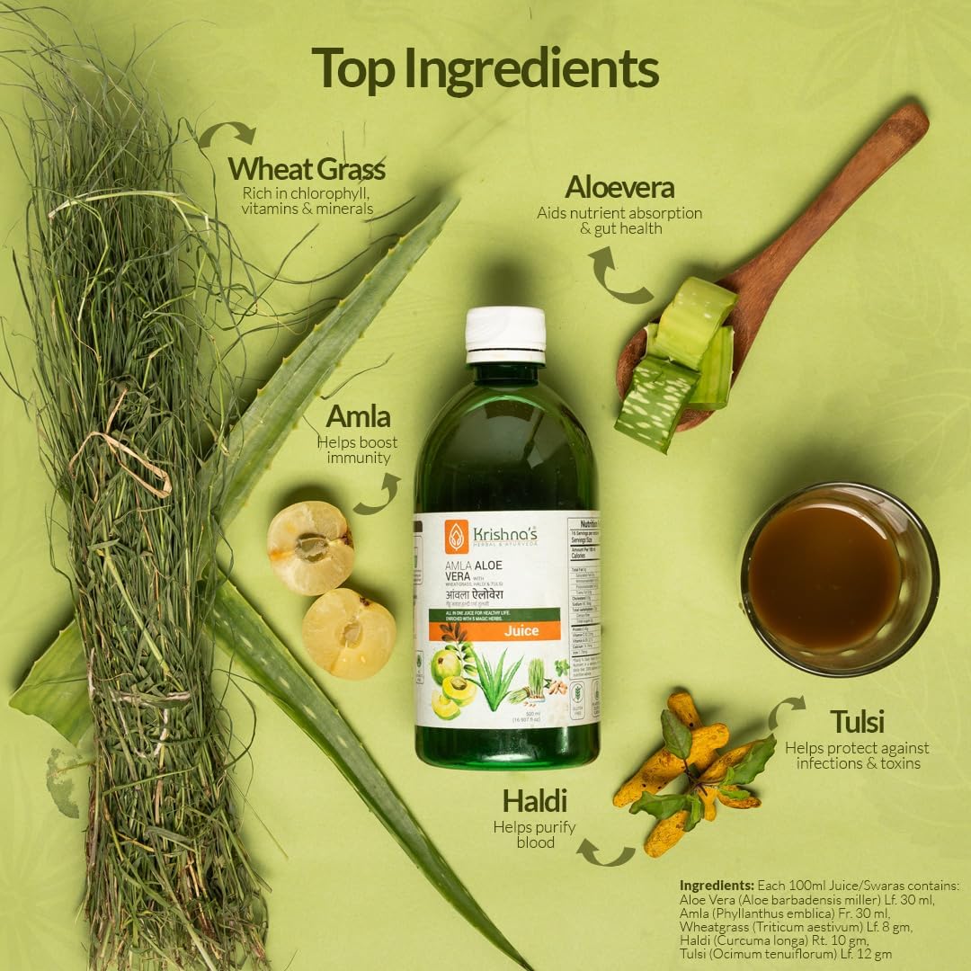 KRISHNA'S HERBAL & AYURVEDA Amla Aloe Vera Wheat-Grass,Haldi & Tulsi Juice,Enriched with Vitamin C,All in One Health Drink with Aloe Vera,Amla,Haldi,Tulsi & Wheatgrass 1 l (Pack of 1) Standard