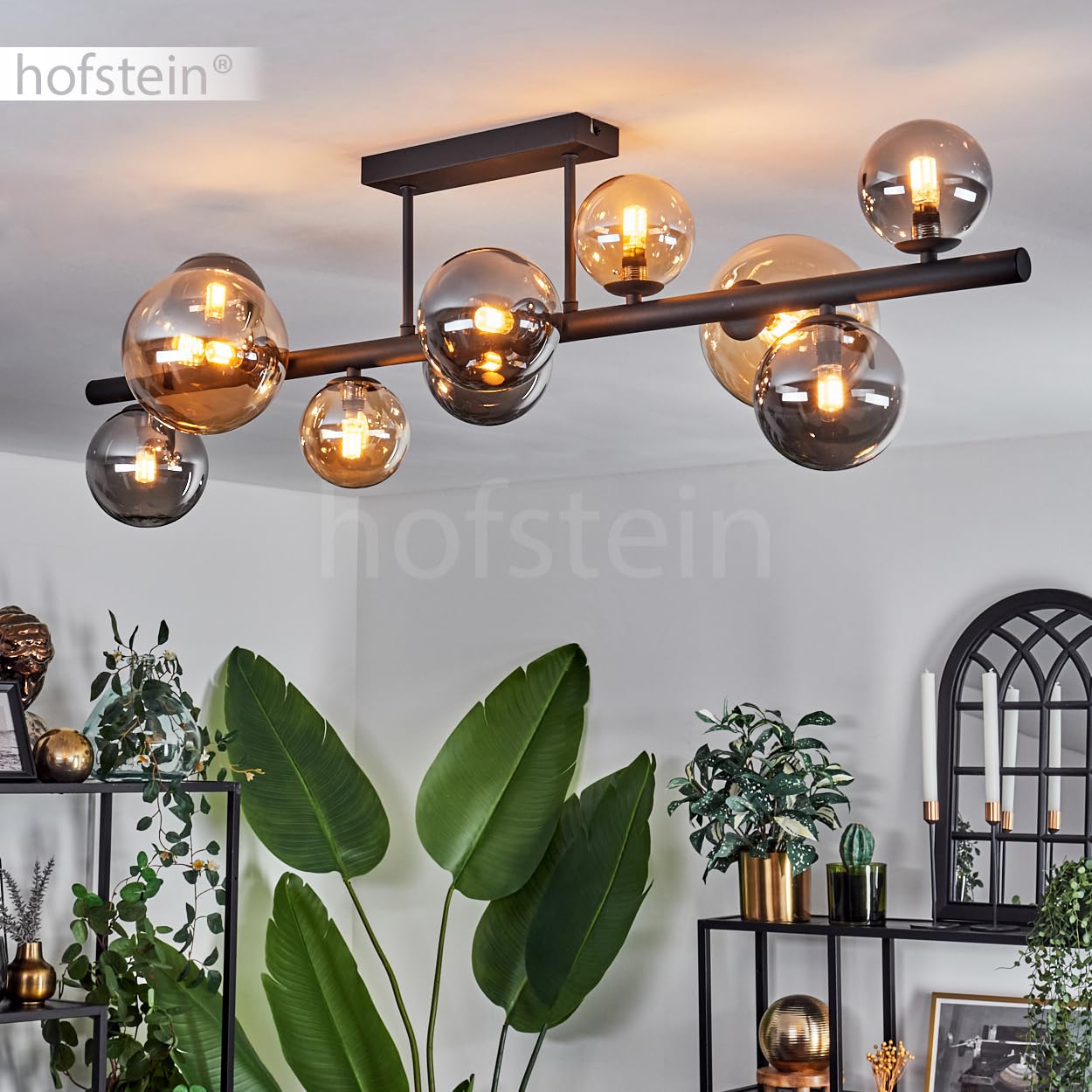 HOFSTEIN Lampadario Chehalis, lampada da soffitto in metallo/vetro in nero/ambra/fumé, illuminazione in stile moderno retrò/vintage con paralumi in vetro (Ø 10, 12, 15 cm), 10 x G9