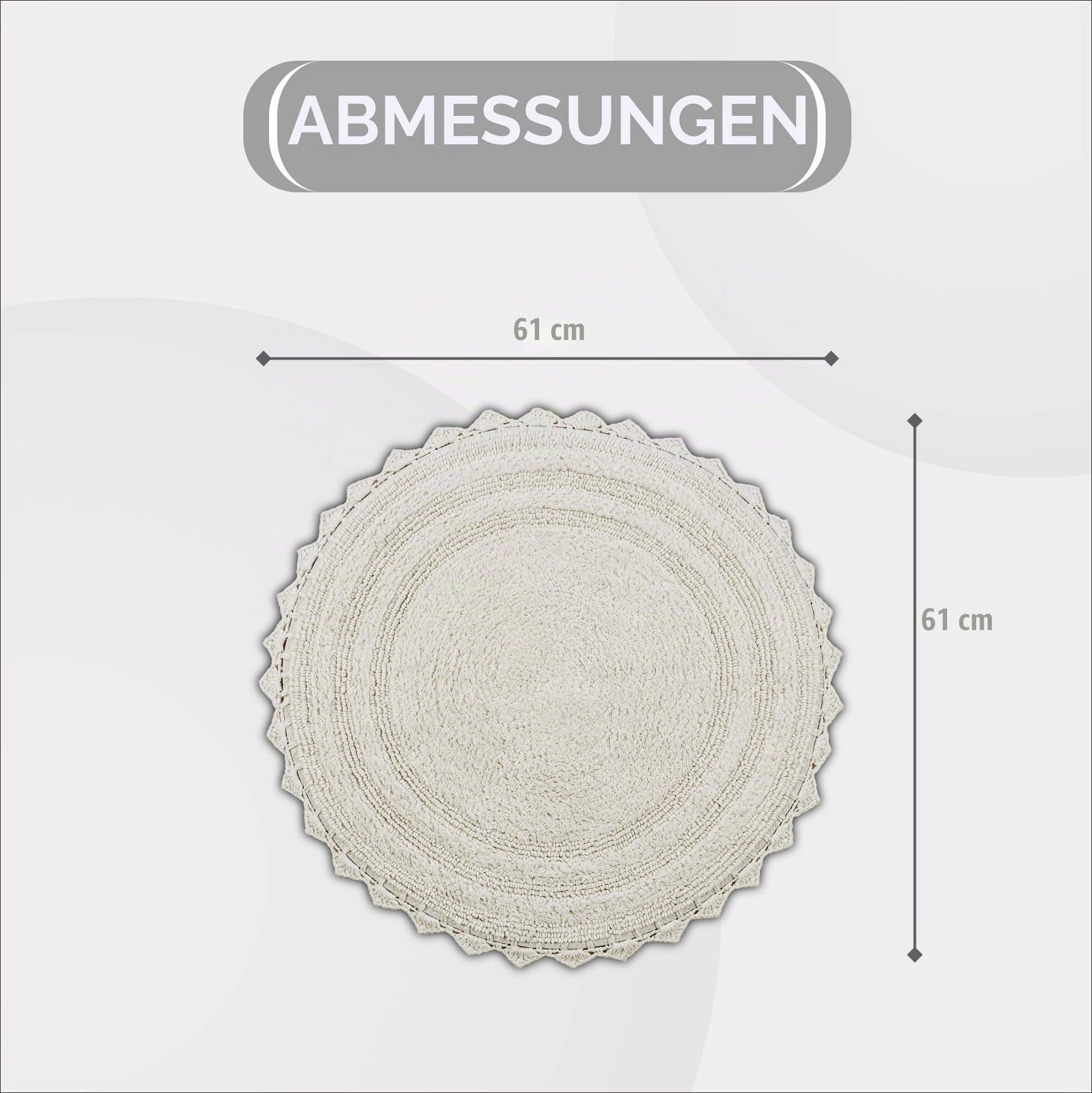 Better Trends Lilly Crochet Badteppich, rund, waschbar, 100% Baumwolle, wasserabsorbierend, Badematten, wendbar, für Dusche, Schlafzimmer oder Heimdekoration, Elfenbeinfarben, 61 cm