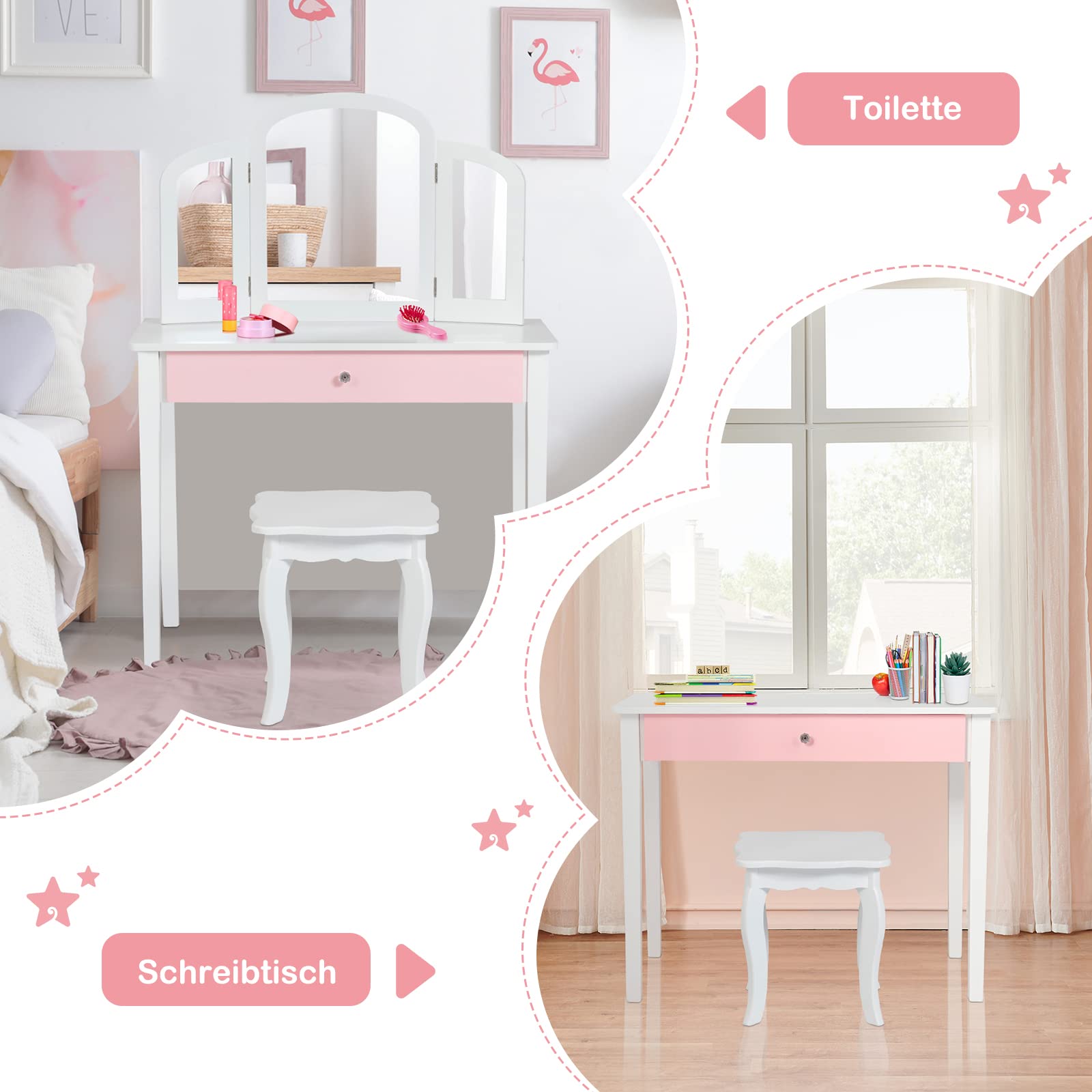 GOPLUS 2 in 1 Kinder Schminktisch, Frisiertisch & Stuhl, Kosmetiktisch mit Abnehmbarem 3-Fach-Spiegel & Schublade, Gepolsterter Hocker, aus Holz, im Landhausstil, Kinderschminktisch für Mädchen (Weiß)