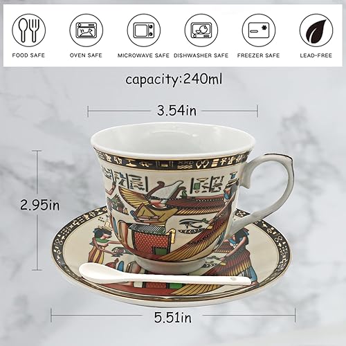 Miniatura 3 de Taza y platillo de café egipcio capuchino barista con cuchara de 8.2 oz8.1 fl oz, juego de tazas de cerámica egipcia dorada para té y café, taza de