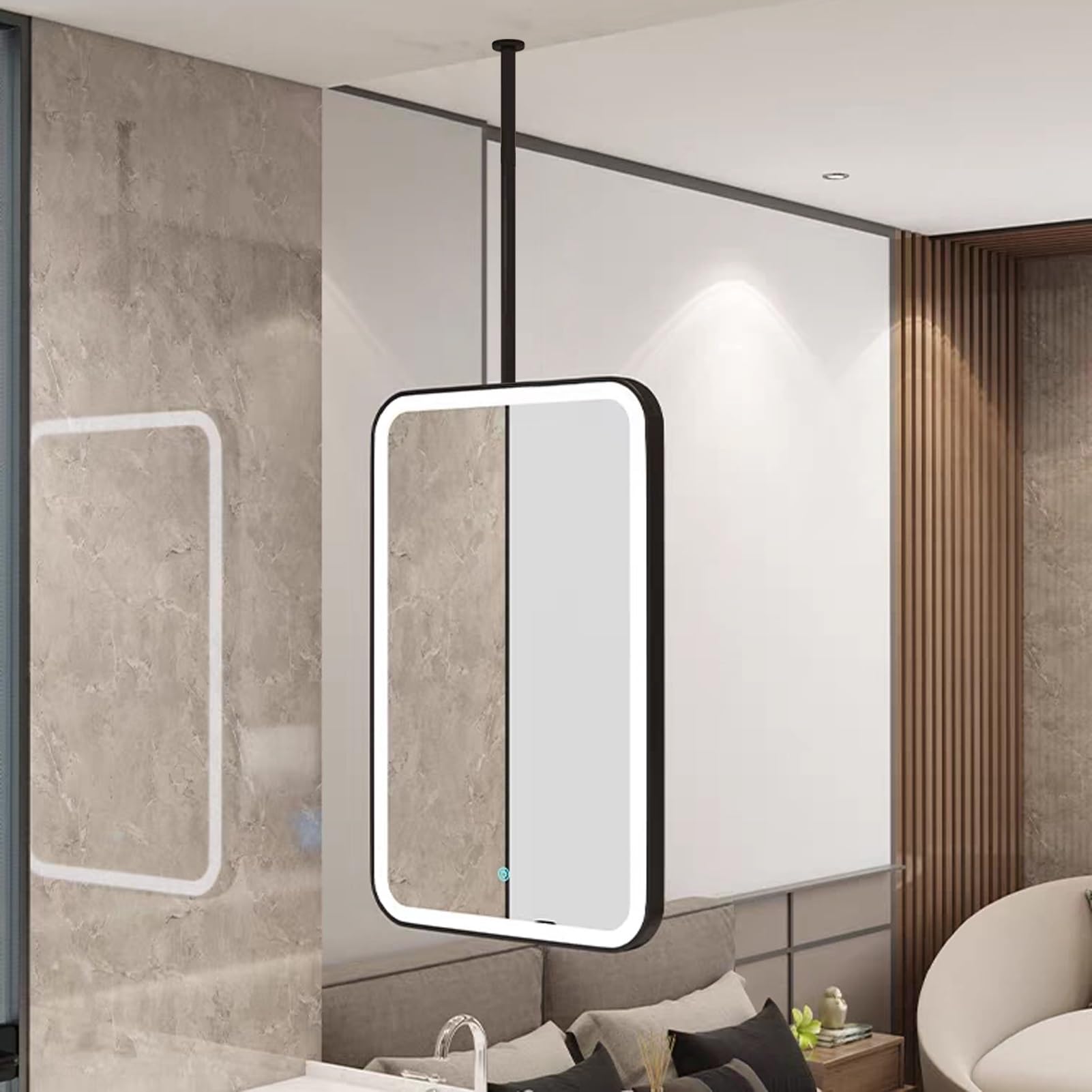 FGXHHS Rectangle Ceiling Hanging Floating Mirror｜LED s Wall Mounted Multifunction Vanity Makeup Mirrors｜Modern Decorative Rod Mirror｜Customizable(40cmx60cm)